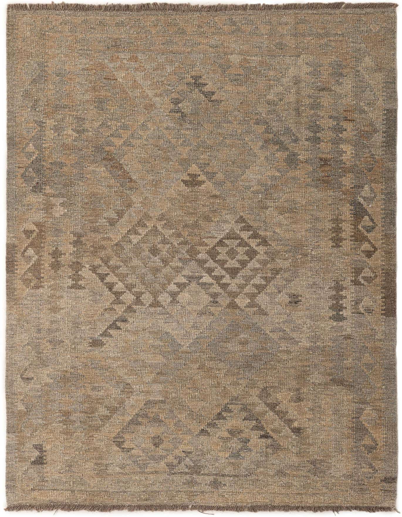 A 4x6 rectangular Kilim Maymana rug with a flatweave, featuring gray and silver tribal patterns.