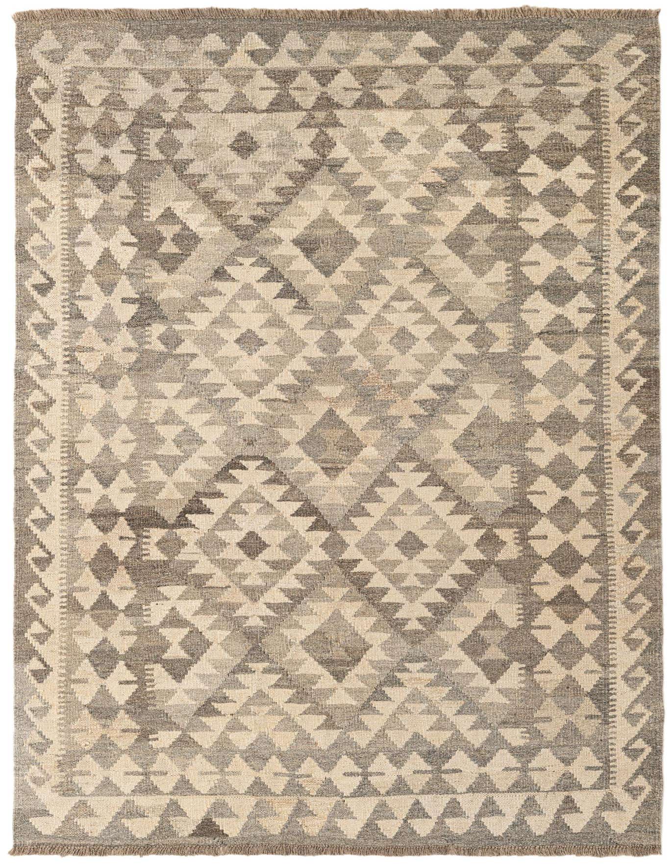 A 4x6 rectangular gray and beige tribal flatweave rug with geometric diamond and triangle patterns, suitable for a living room.