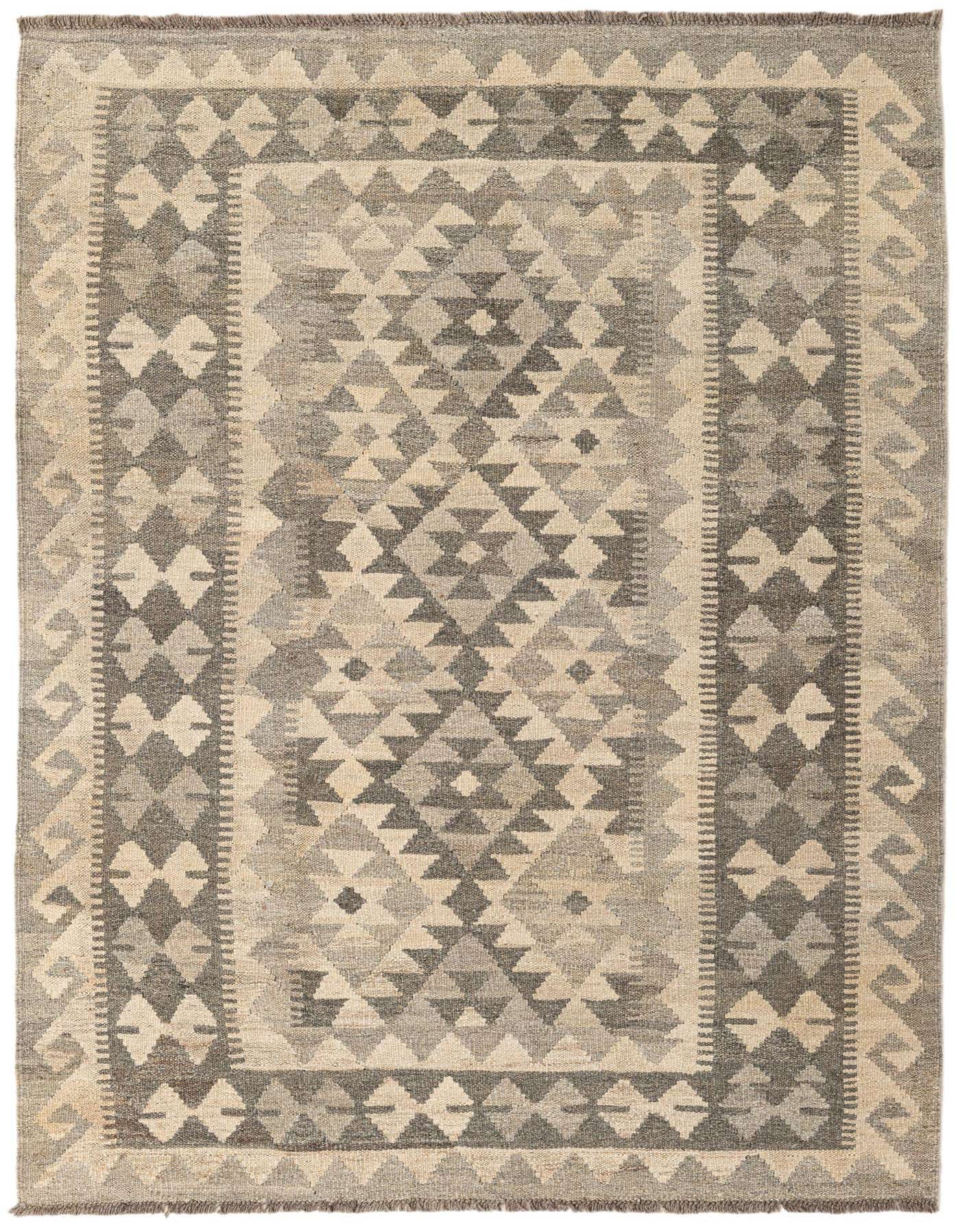 A 4x6 rectangular Kilim Maymana rug featuring a tribal geometric pattern in varying shades of gray and silver.