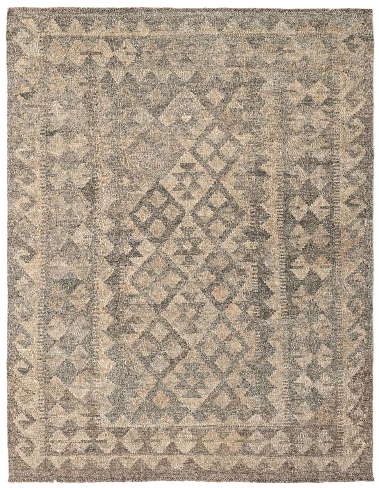 A 4x6 rectangular Kilim Maymana wool rug featuring a tribal geometric pattern in shades of gray and silver.