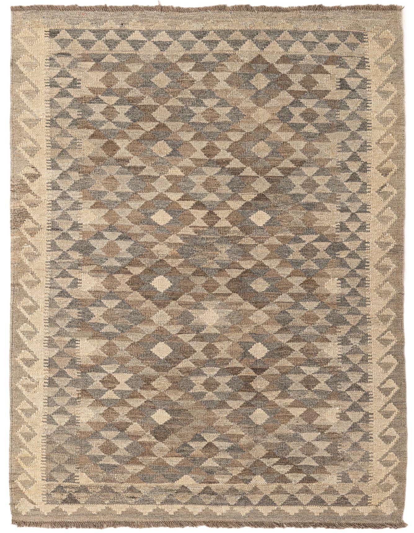 A 4x6 rectangular Kilim Maymana rug featuring a tribal geometric pattern in various shades of gray and silver.