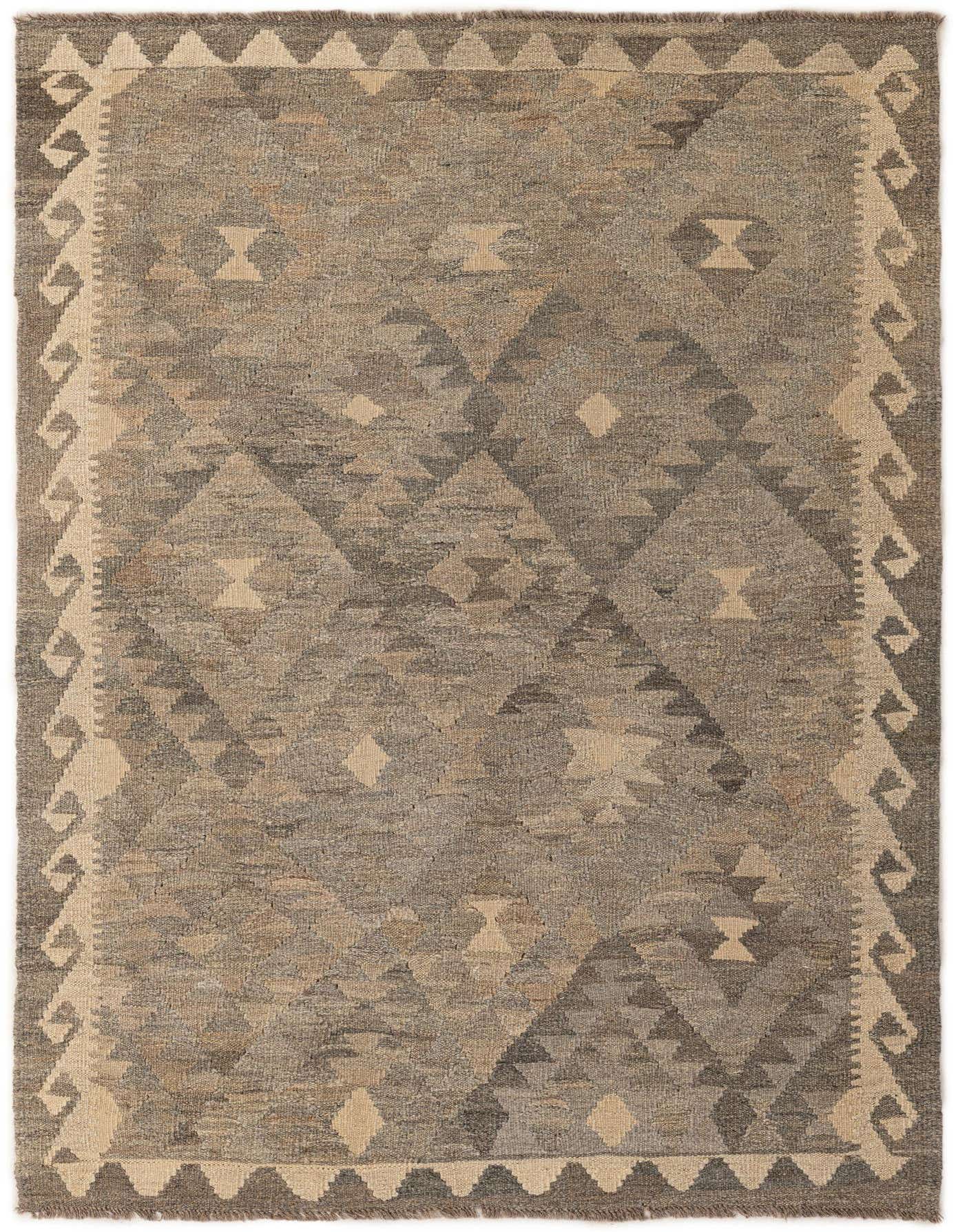 A 4x6 rectangular Kilim Maymana rug featuring a tribal geometric pattern in varying shades of gray and beige.