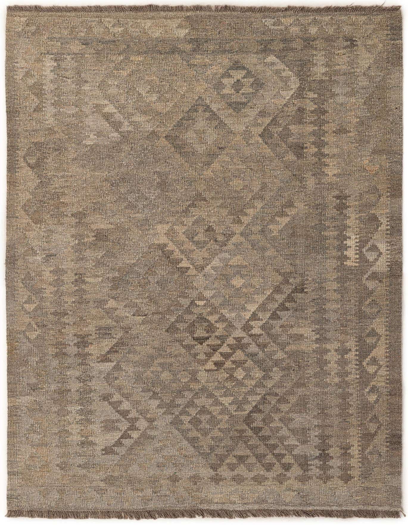 A 4x6 rectangular gray wool flatweave rug with a subtle tribal geometric pattern, suitable for various indoor rooms.