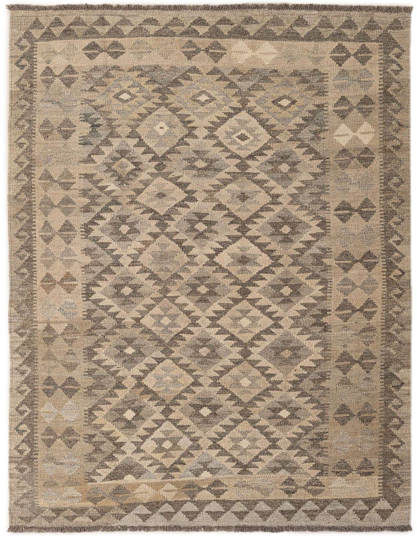 A 4x6 rectangular Kilim Maymana rug featuring a tribal geometric pattern in varying shades of gray and silver.