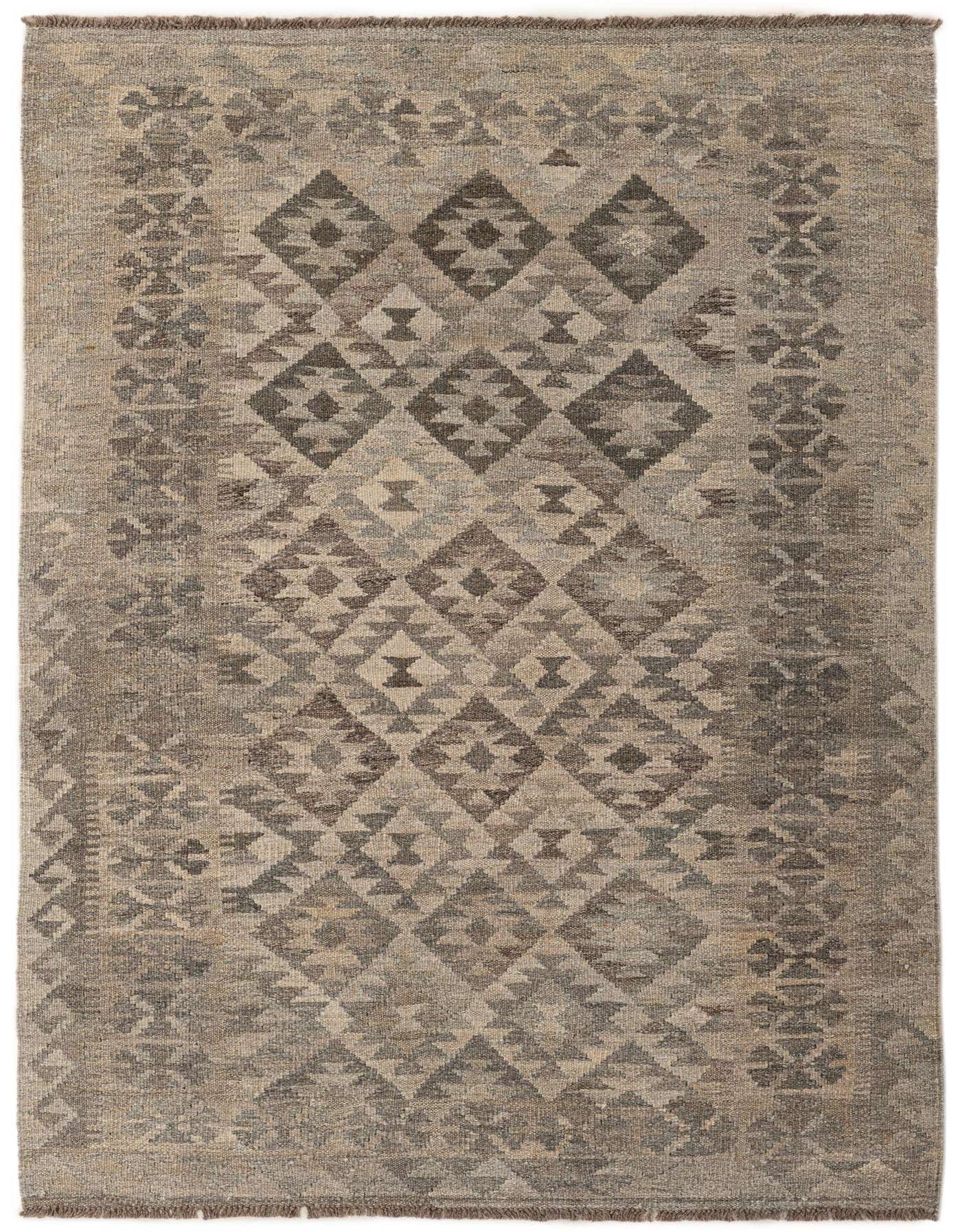 A 4x6 rectangular Kilim Maymana rug with a tribal diamond pattern in various shades of gray and silver.