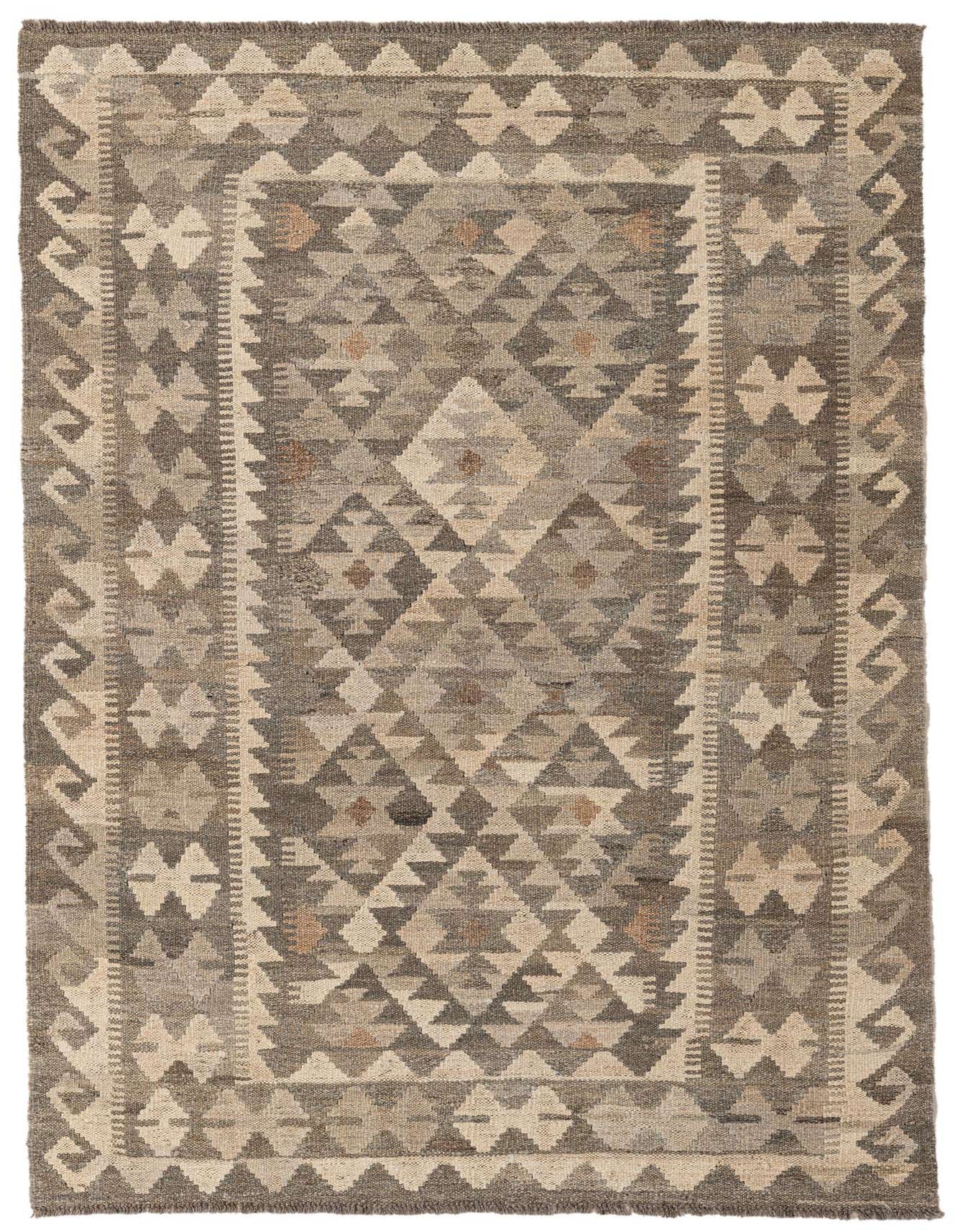 A 4x6 rectangular Kilim Maymana wool rug featuring a tribal geometric pattern in shades of gray and beige.