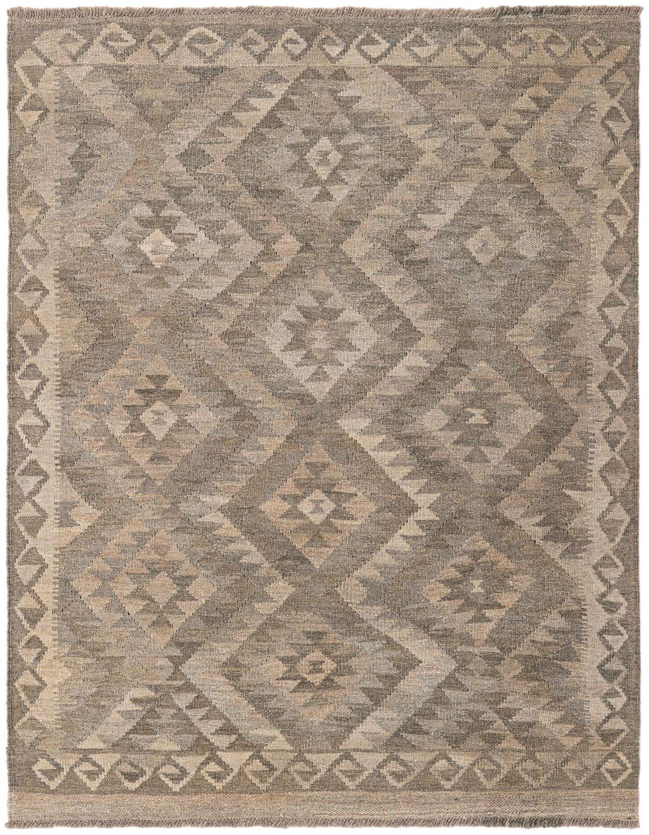 A 4x6 rectangular Kilim Maymana rug featuring a tribal geometric pattern in varying shades of gray and silver.