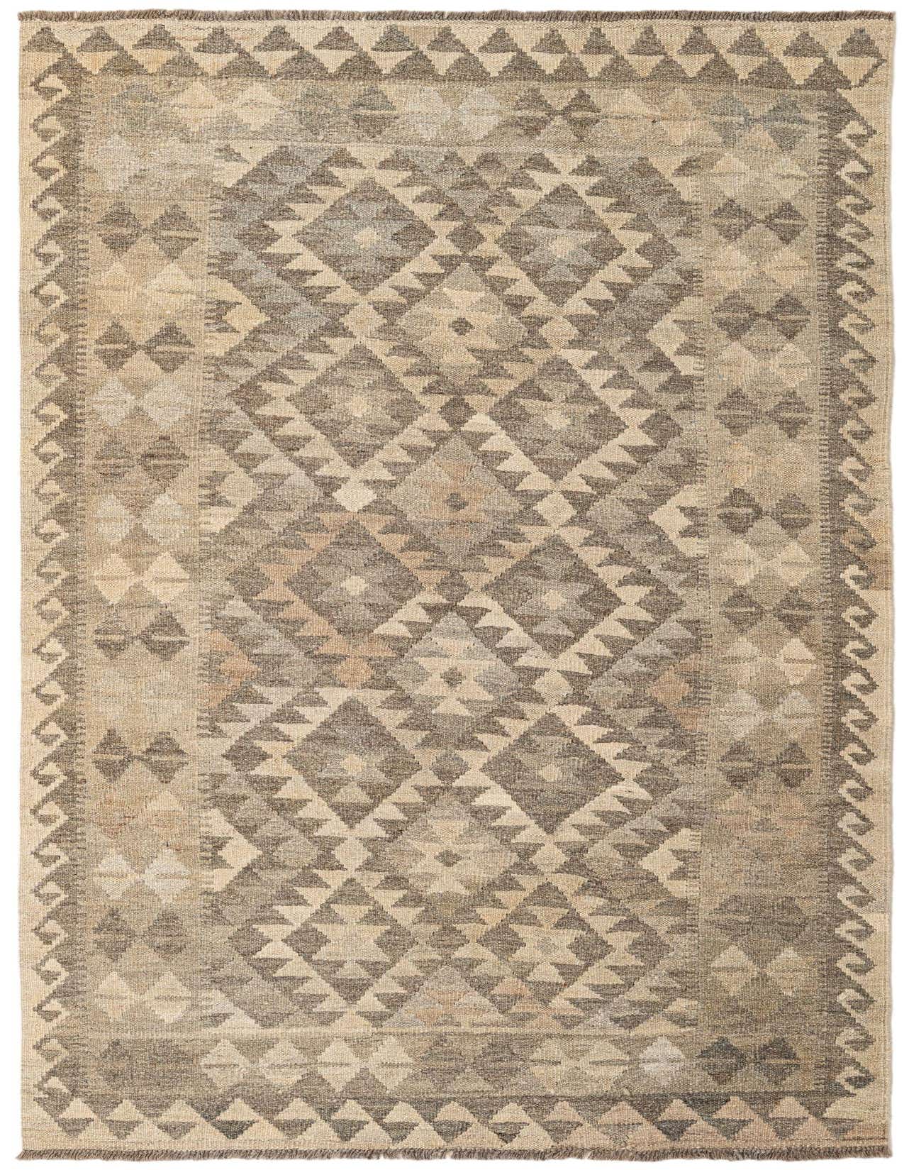 A 4x6 rectangular Kilim Maymana rug with a tribal geometric pattern in varying shades of gray and silver.