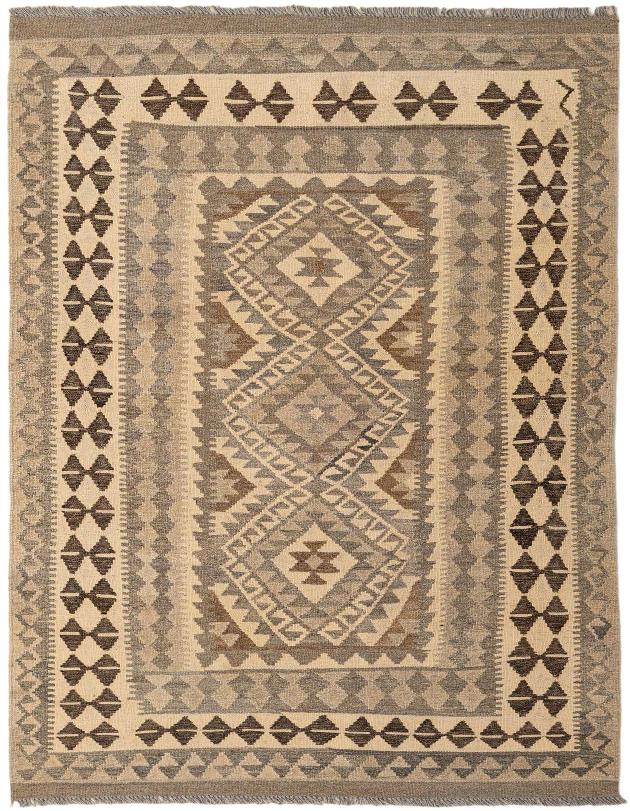 A 4x6 rectangular Kilim Maymana rug featuring a tribal geometric pattern in shades of gray, silver, and cream.
