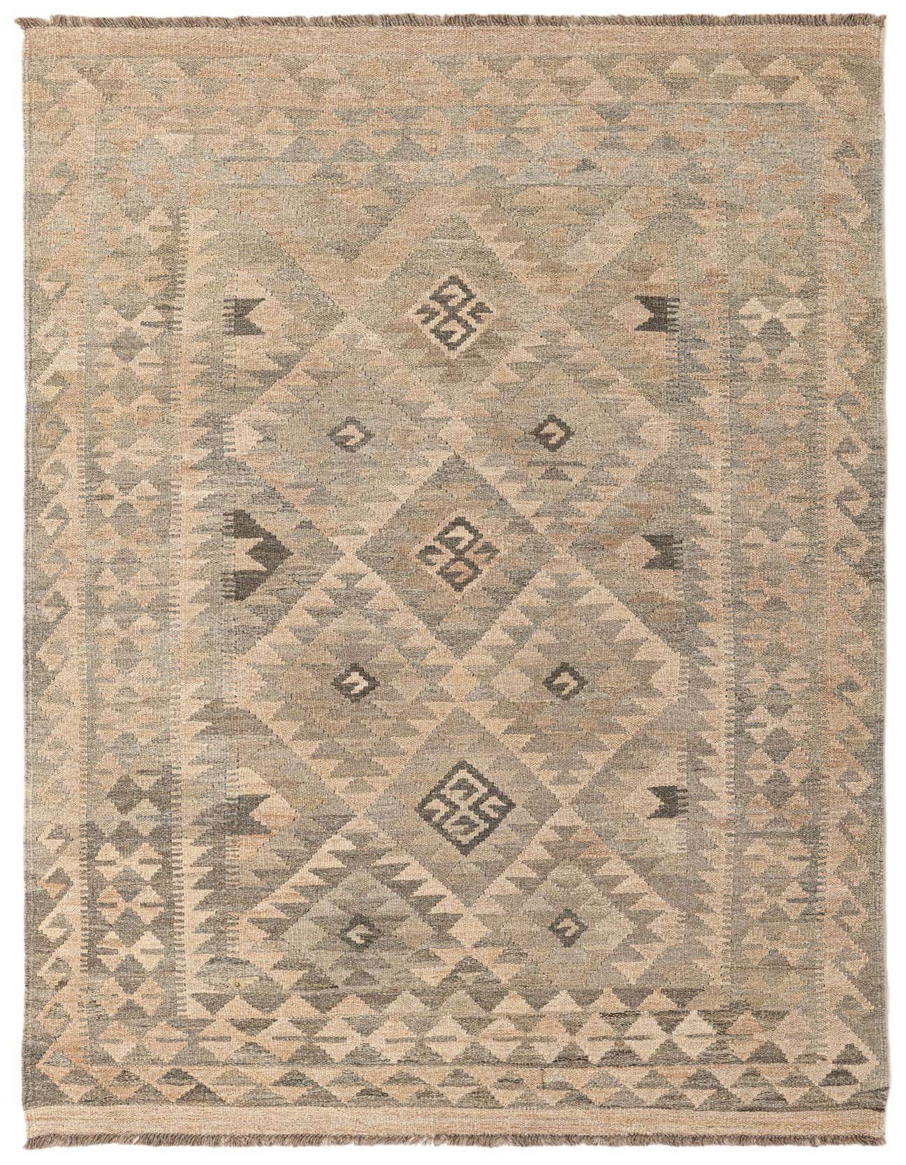 A 4x6 rectangular gray tribal flatweave rug with a geometric diamond and triangle pattern, suitable for an entryway or living room.