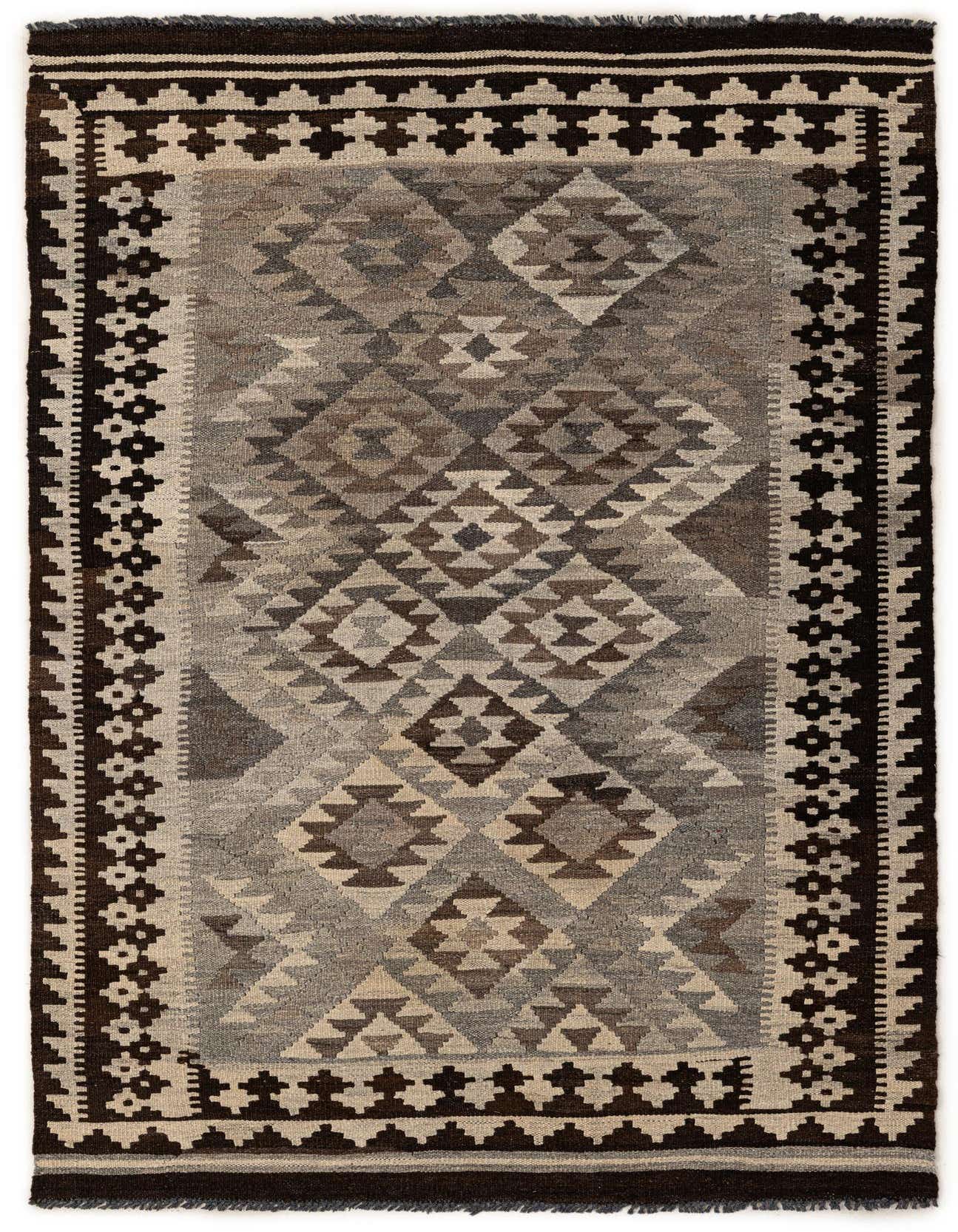 A 4x6 rectangular Kilim Maymana rug featuring a tribal geometric pattern in varying shades of gray, silver, and dark brown.