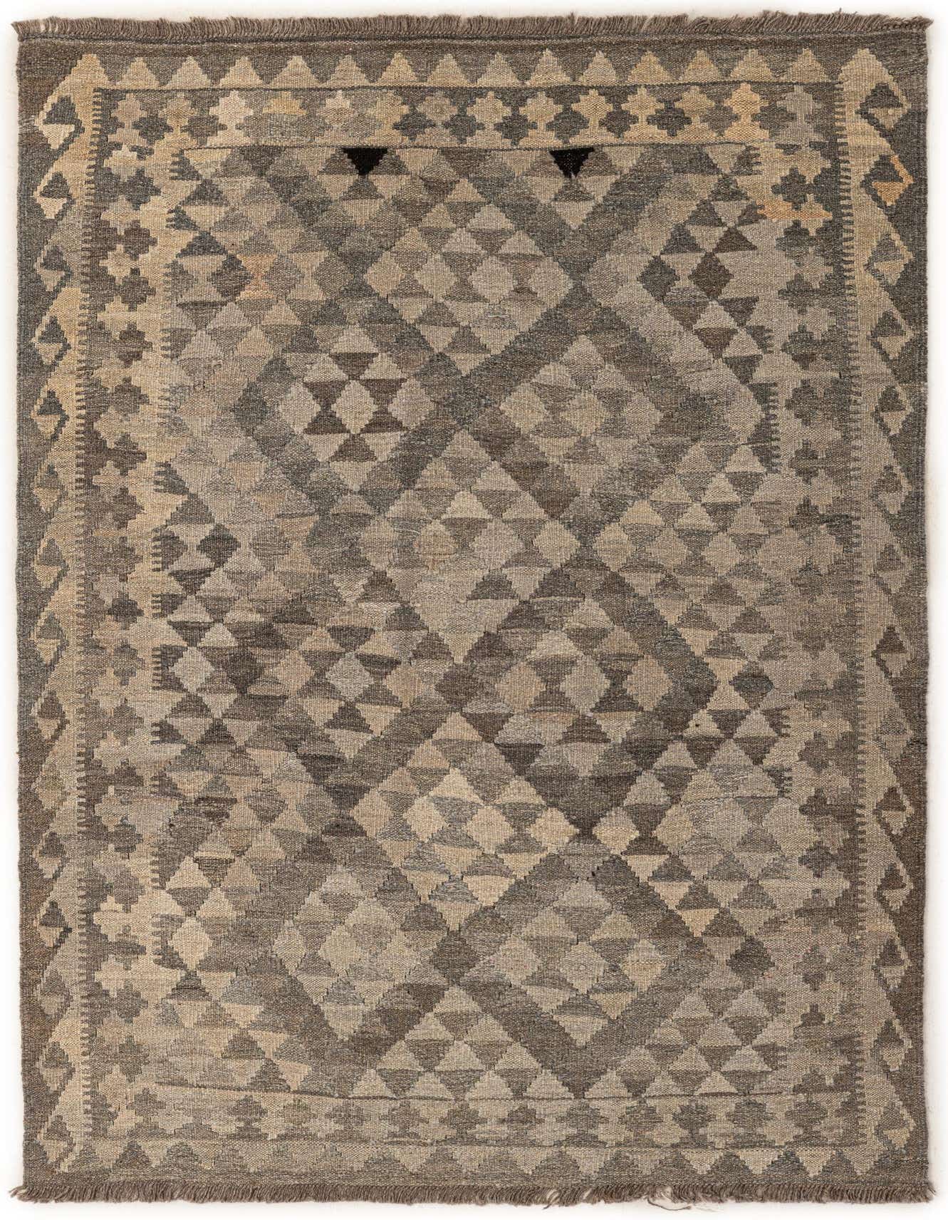A 4x6 rectangular gray tribal flatweave rug with a modern geometric diamond pattern and fringed edges.