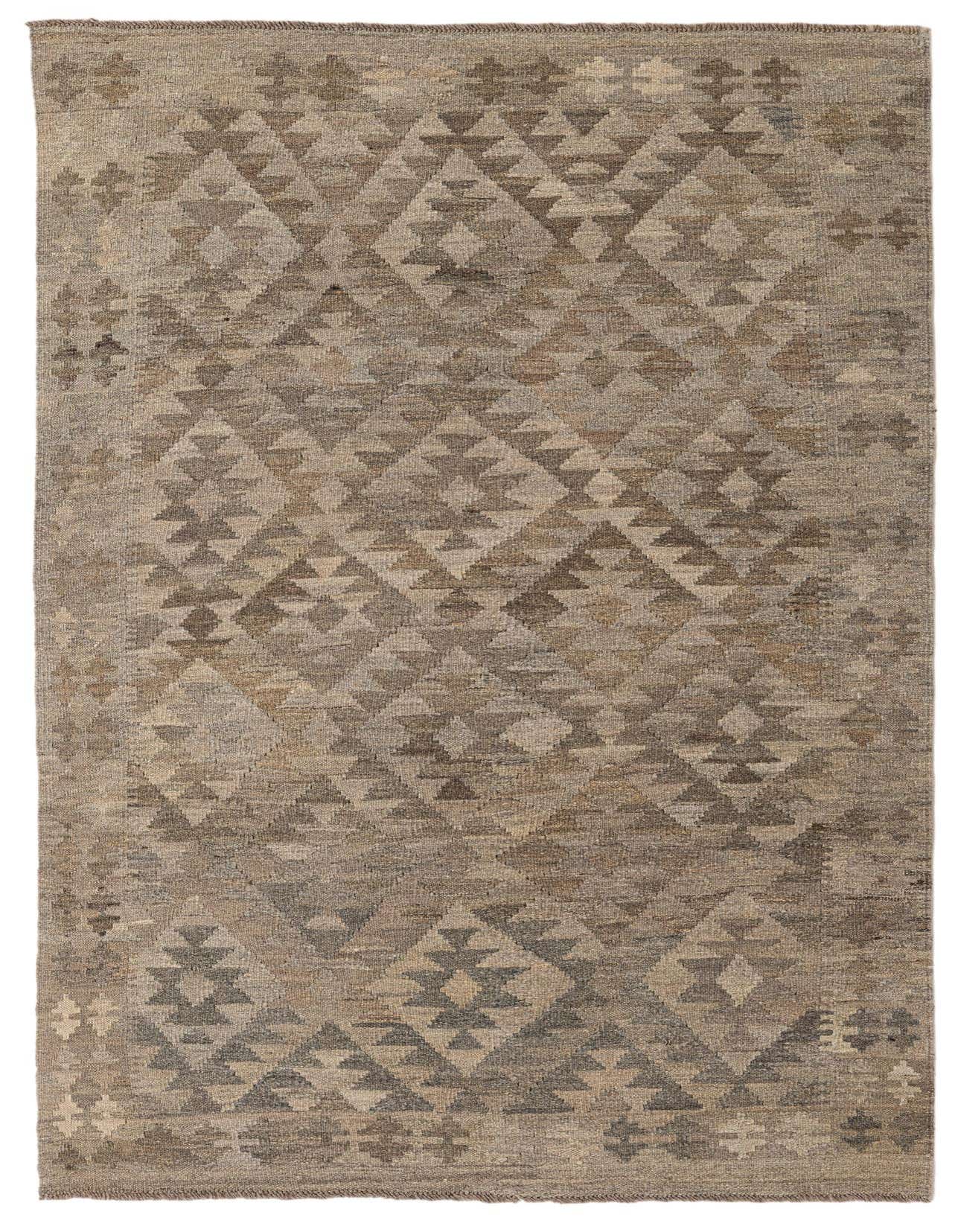 A 4x6 rectangular Kilim Maymana rug featuring a tribal geometric pattern in varying shades of gray and silver.