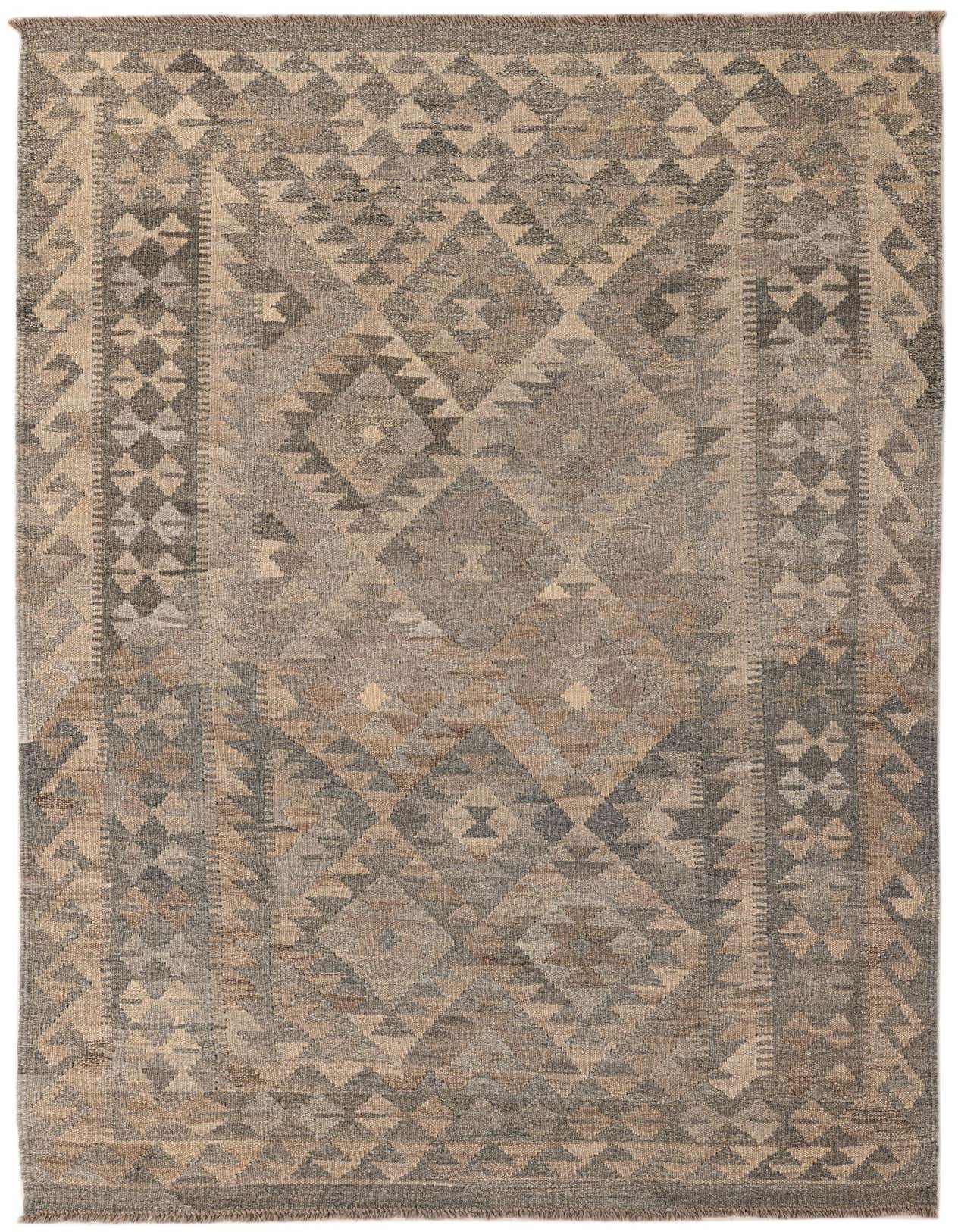 A 4x6 rectangular Kilim Maymana rug featuring a tribal geometric pattern in varying shades of gray and silver.