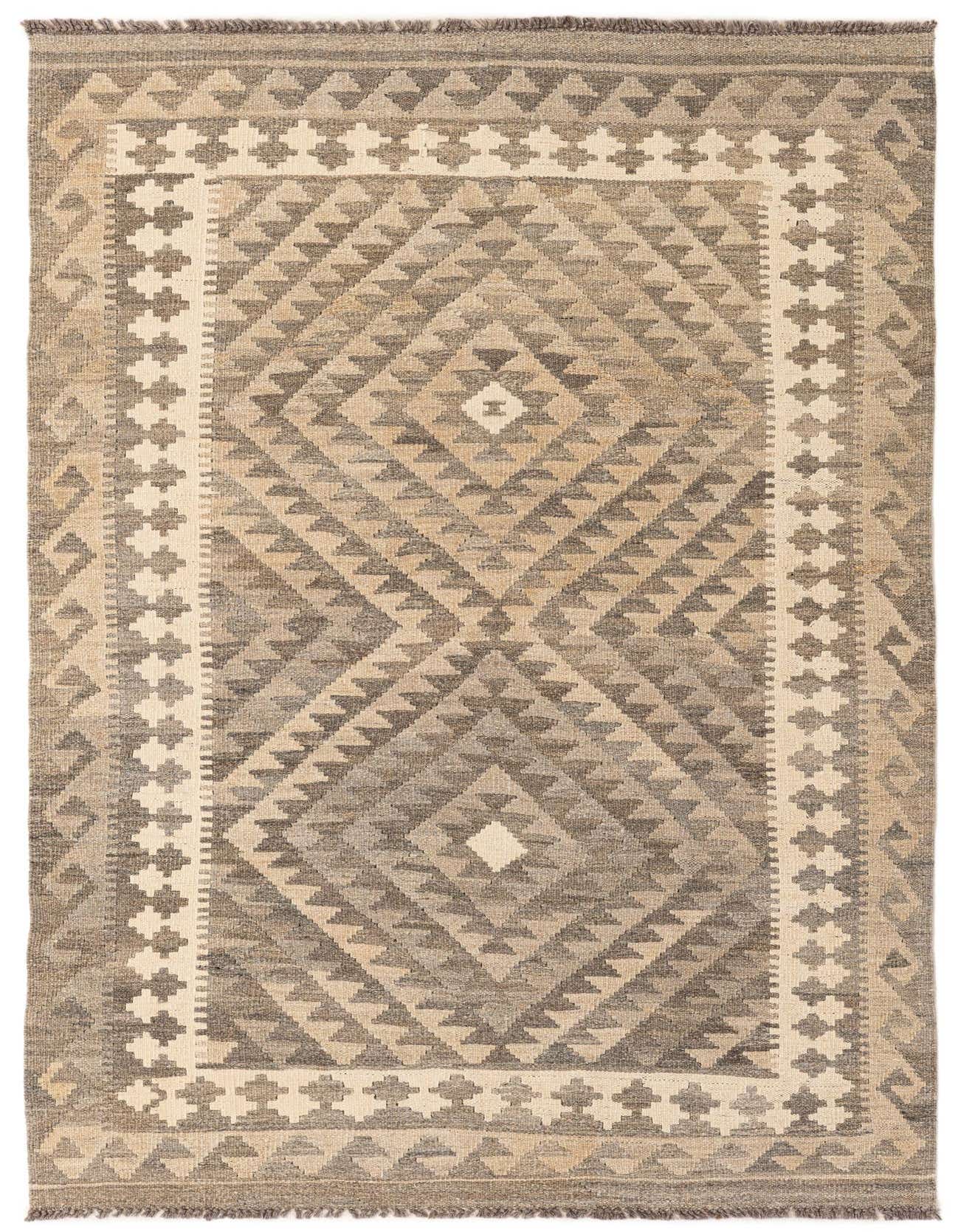 A 4x6 rectangular Kilim Maymana rug featuring a tribal geometric pattern in varying shades of gray and beige, with a flatweave texture.