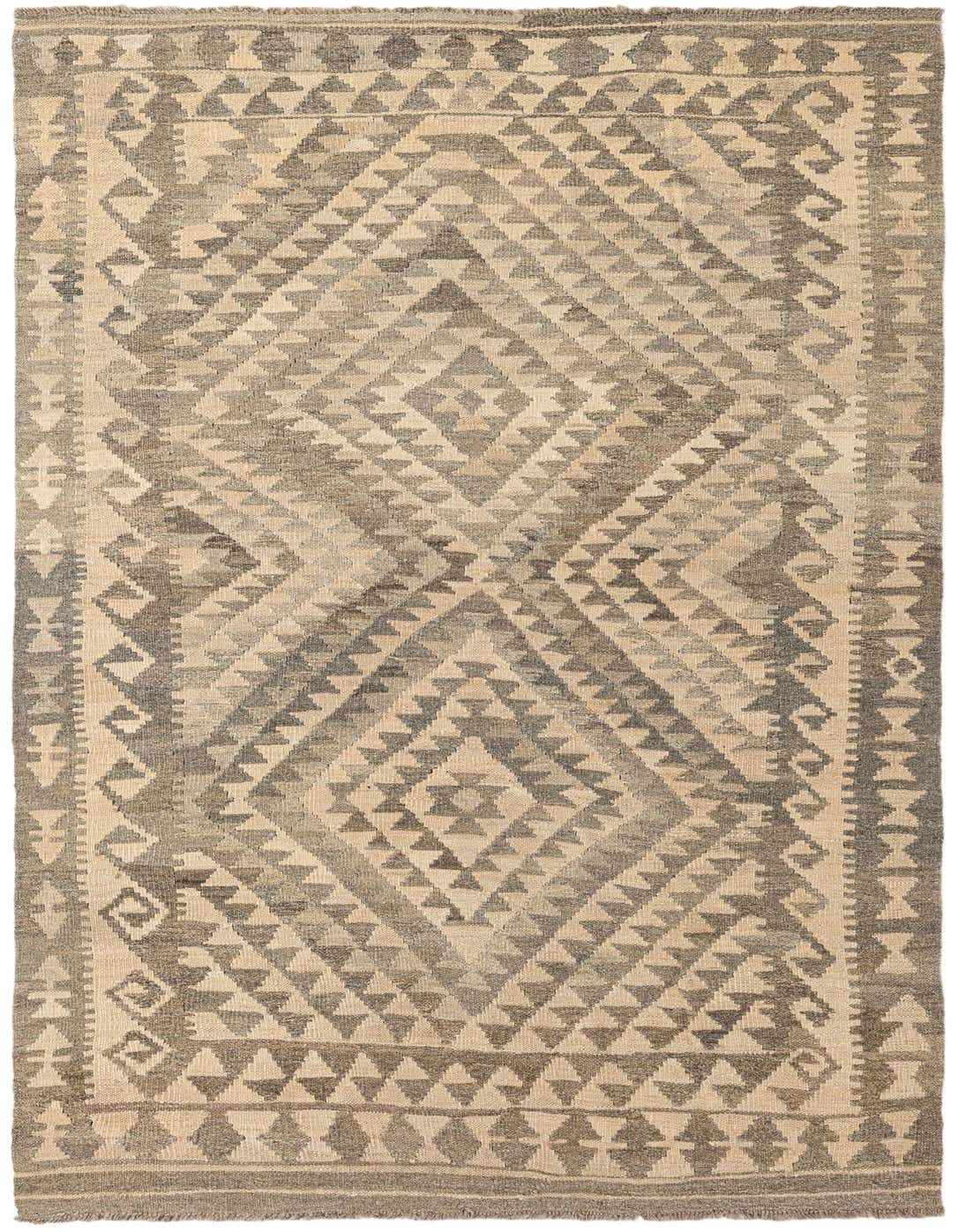 A 5x7 rectangular Kilim Maymana rug featuring a tribal geometric pattern in shades of gray and silver, made from 100% wool.
