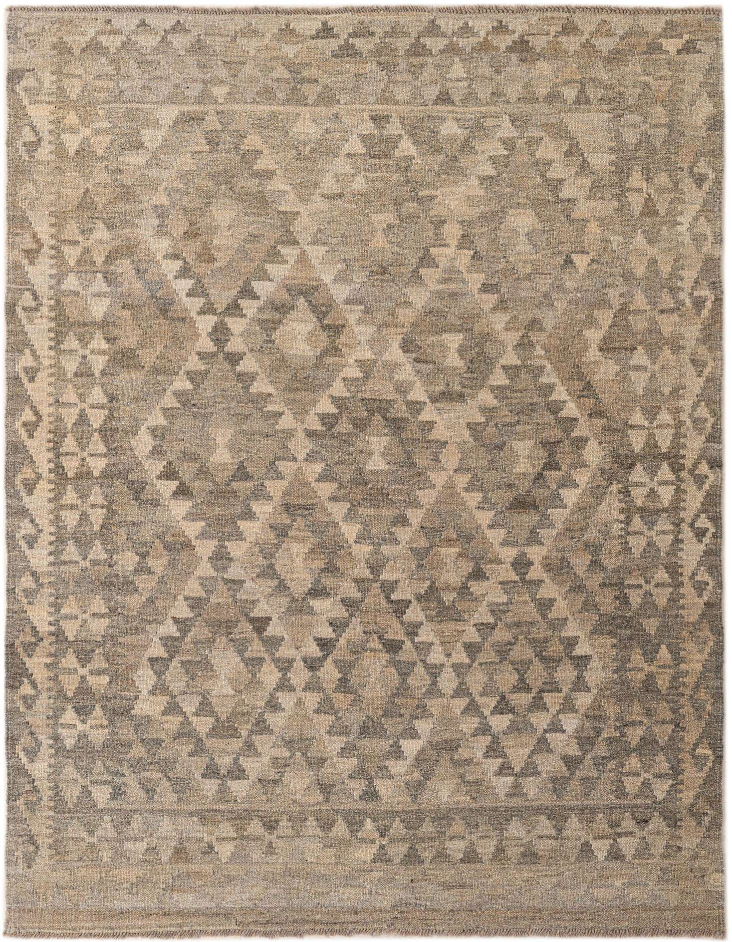 A 4x6 rectangular Kilim Maymana rug featuring a tribal geometric pattern in varying shades of gray and silver.
