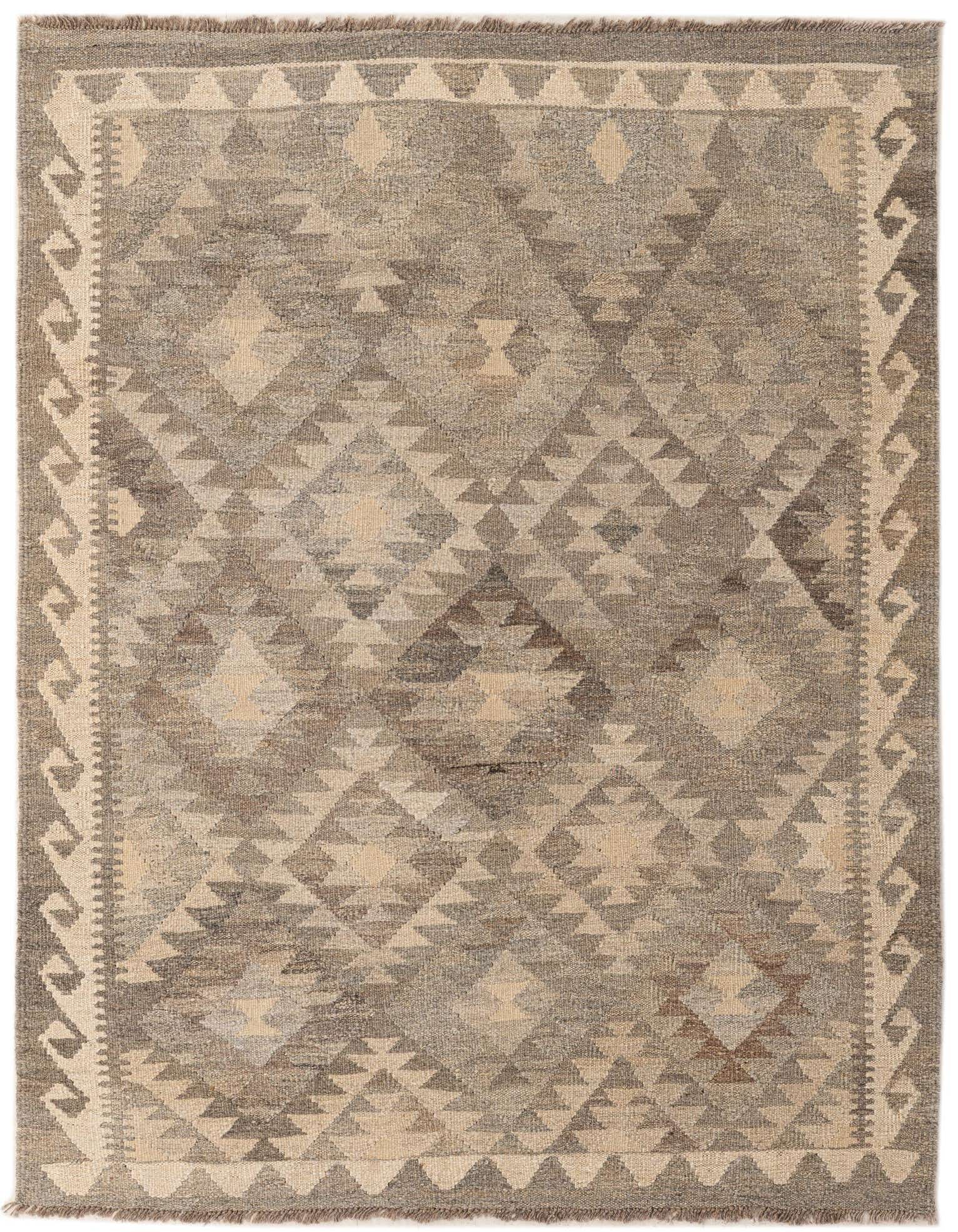 A 4x6 rectangular gray tribal flatweave rug with a geometric pattern and light border.