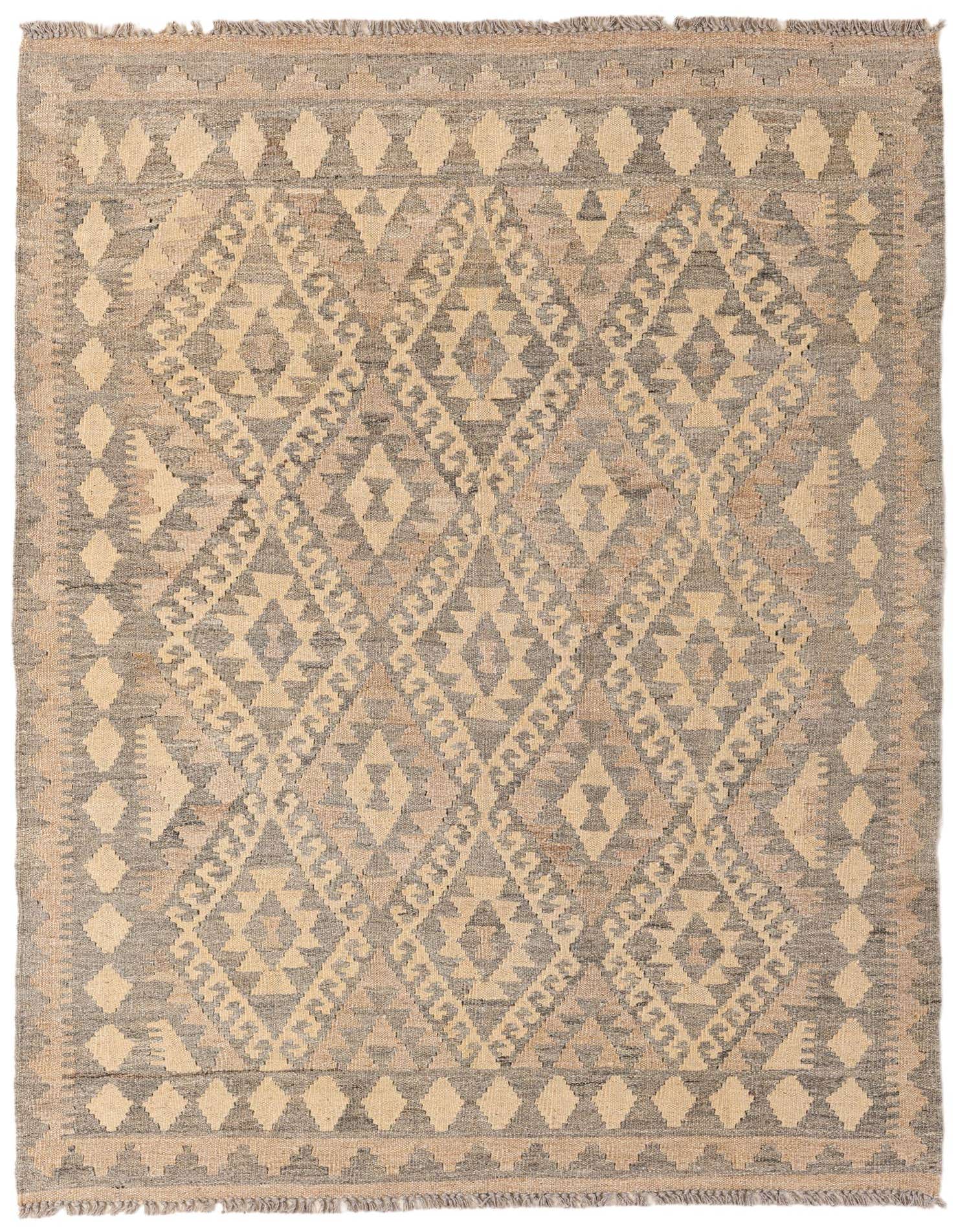 A 4x6 rectangular Kilim Maymana rug with a tribal geometric pattern in shades of gray and beige.