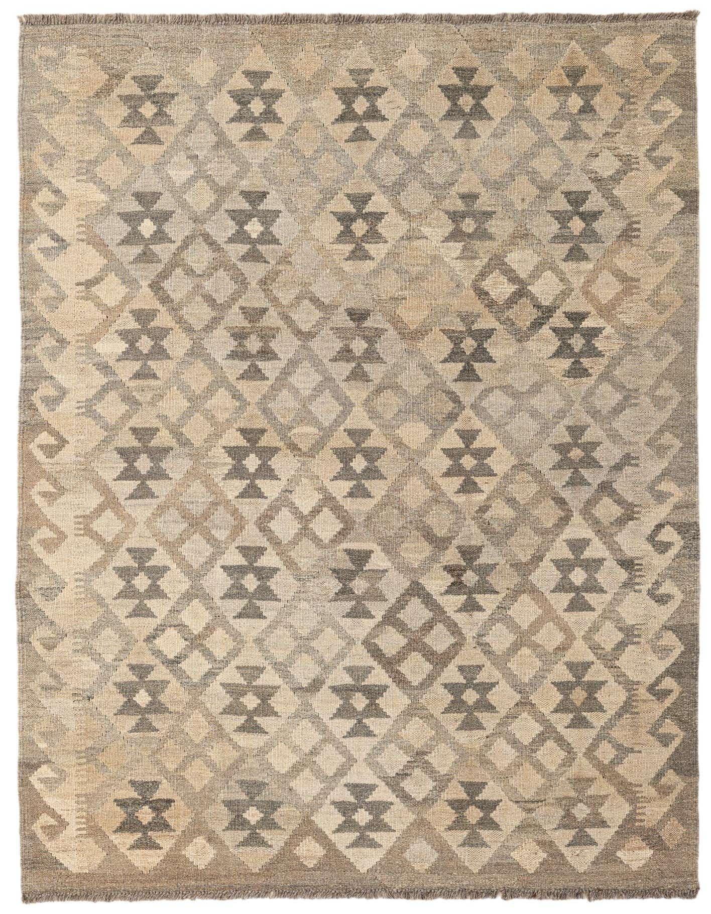 A 4x6 rectangular Kilim Maymana wool rug featuring a tribal geometric pattern in shades of gray and silver.