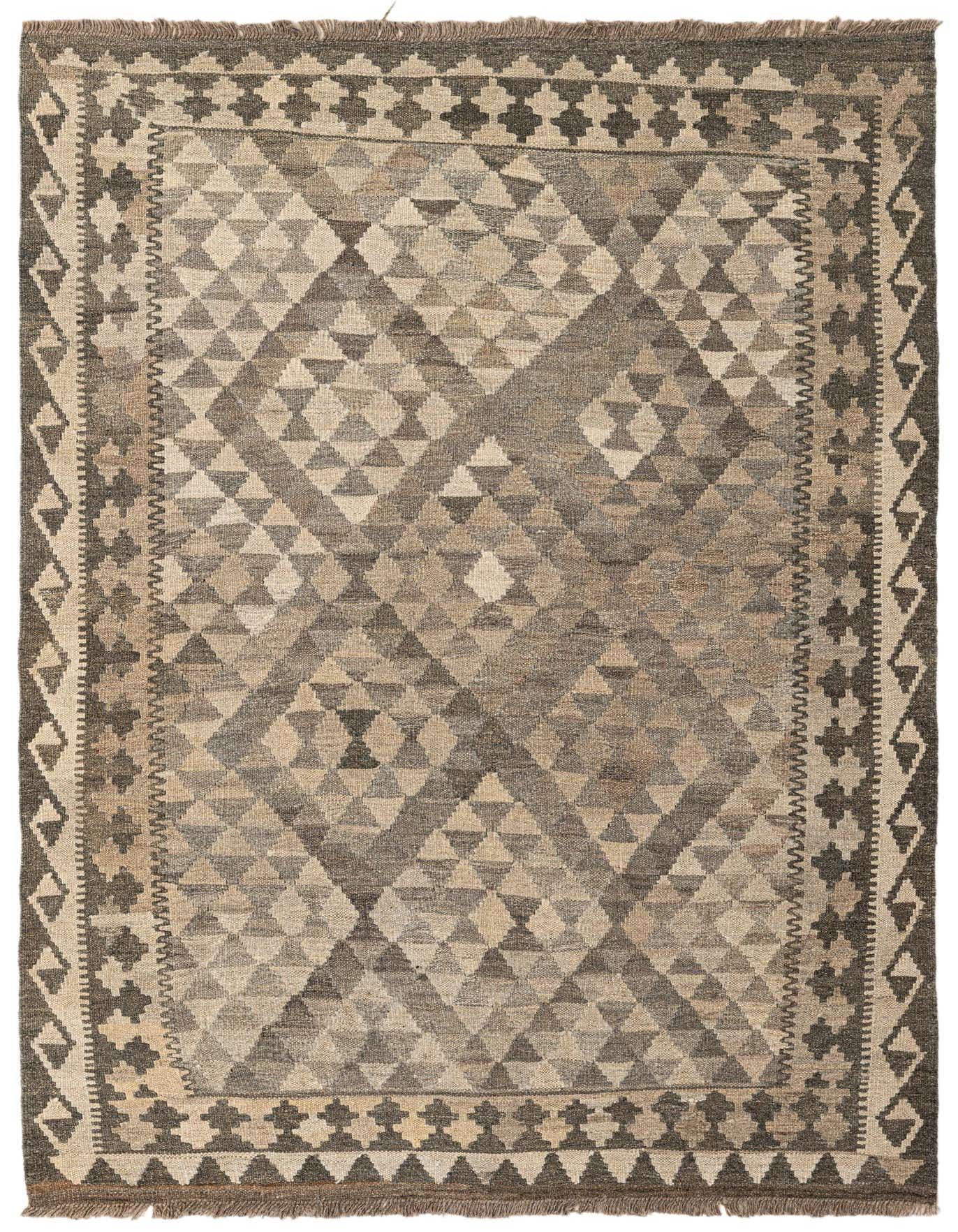 A 4x6 rectangular Kilim Maymana rug featuring a tribal geometric pattern in shades of gray and silver.