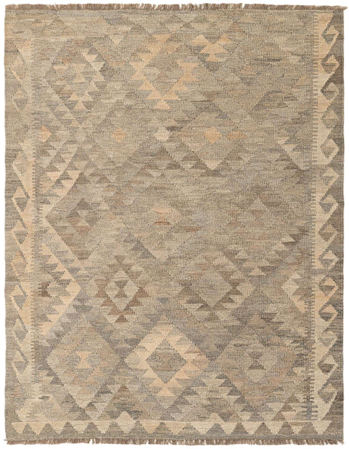 A 4x6 rectangular Kilim Maymana rug featuring a tribal geometric pattern in shades of gray and silver, with fringed ends.