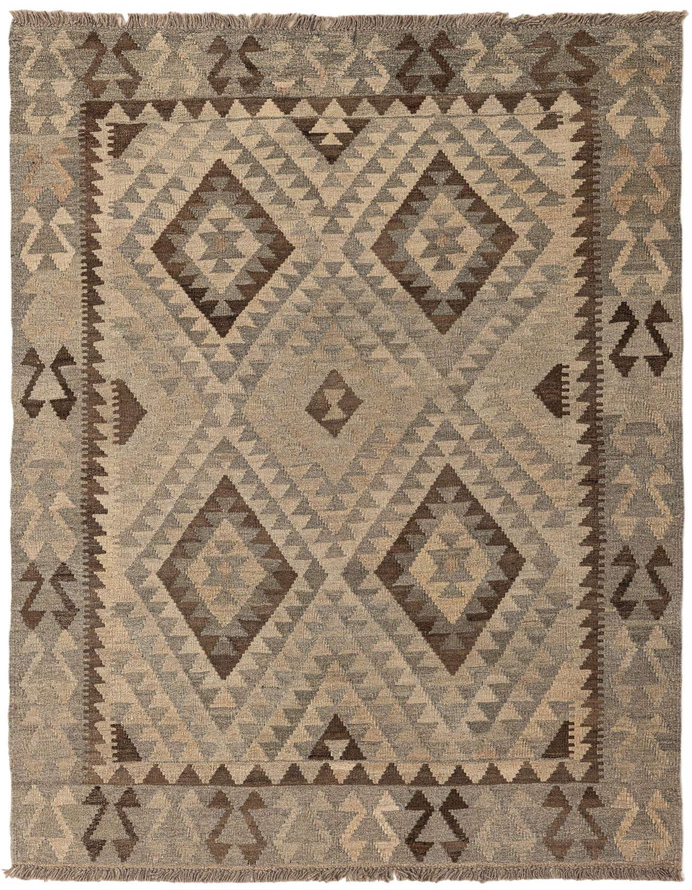 A 4x6 rectangular Kilim Maymana rug featuring a tribal geometric pattern in shades of gray, silver, and brown, with a flatweave texture.