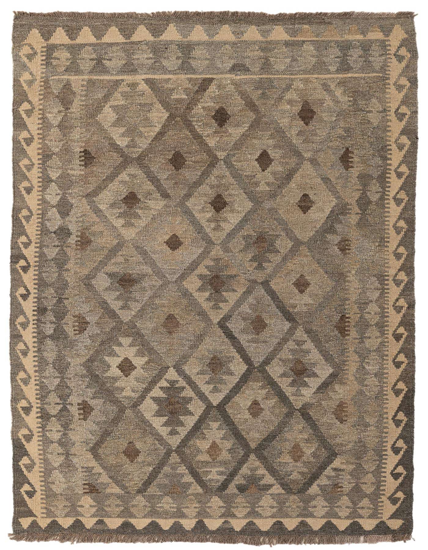 A 4x6 rectangular Kilim Maymana rug featuring a tribal geometric diamond pattern in varying shades of gray, silver, and beige.