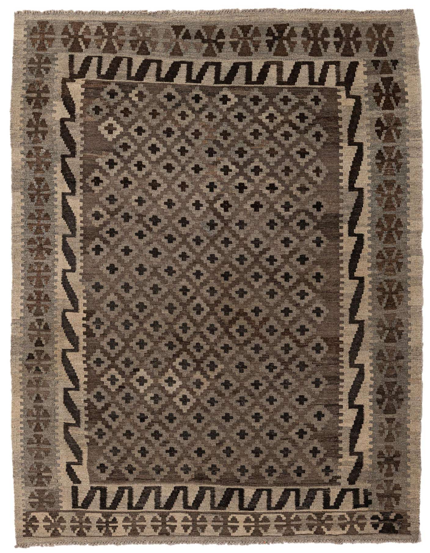 A 4x6 rectangular Kilim Maymana rug featuring a tribal geometric pattern in varying shades of gray and silver.