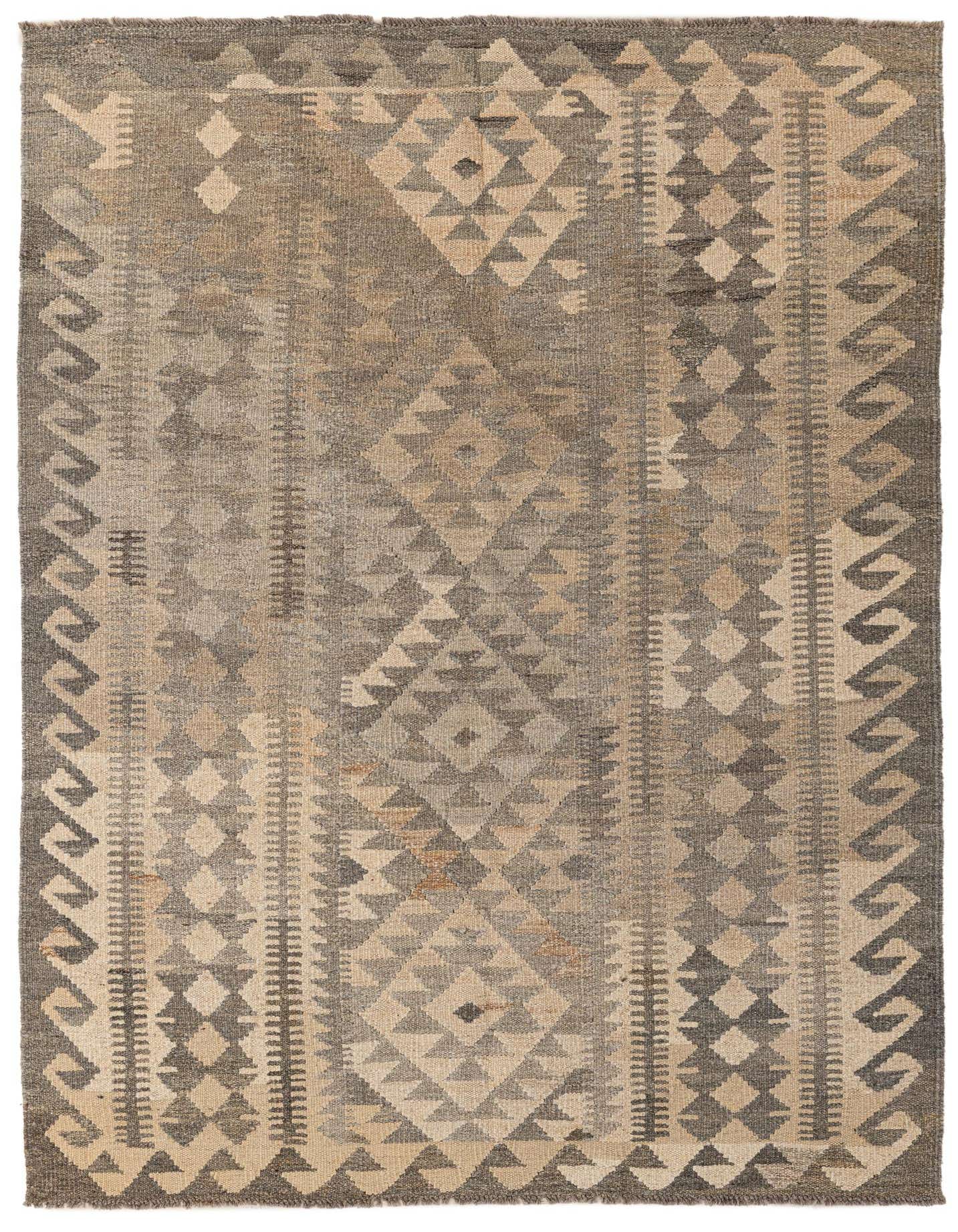 A 4x6 rectangular Kilim Maymana rug featuring a tribal geometric pattern in shades of gray and beige.