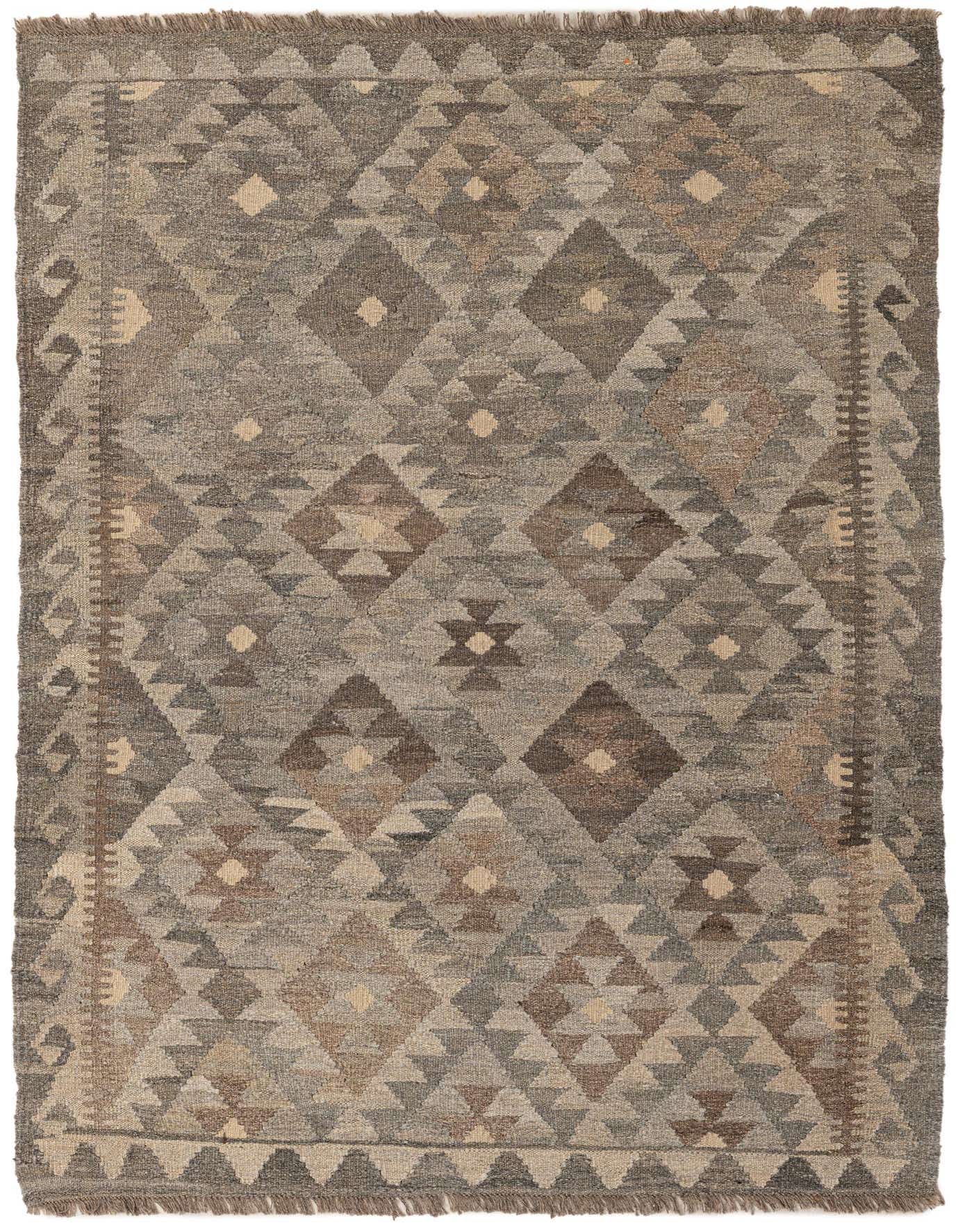 A 4x6 rectangular Kilim Maymana wool rug featuring a tribal geometric pattern in varying shades of gray, silver, and beige.