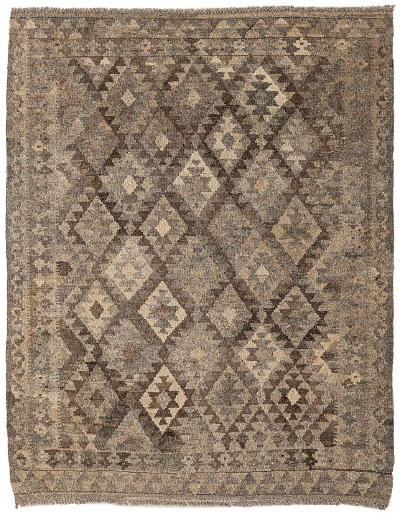 A 4x6 rectangular Kilim Maymana rug featuring a tribal geometric pattern in varying shades of gray and silver.
