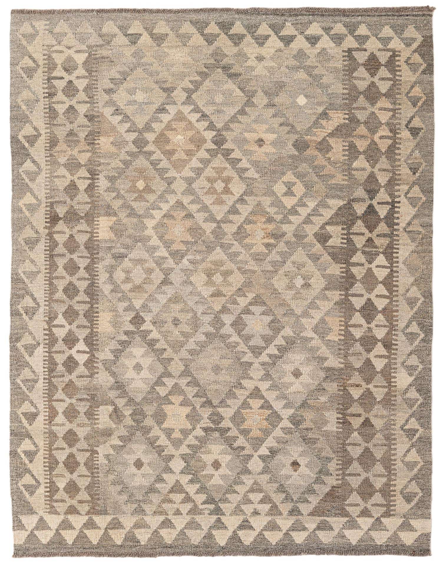 A 4x6 rectangular Kilim Maymana rug featuring a tribal geometric pattern in varying shades of gray and silver.