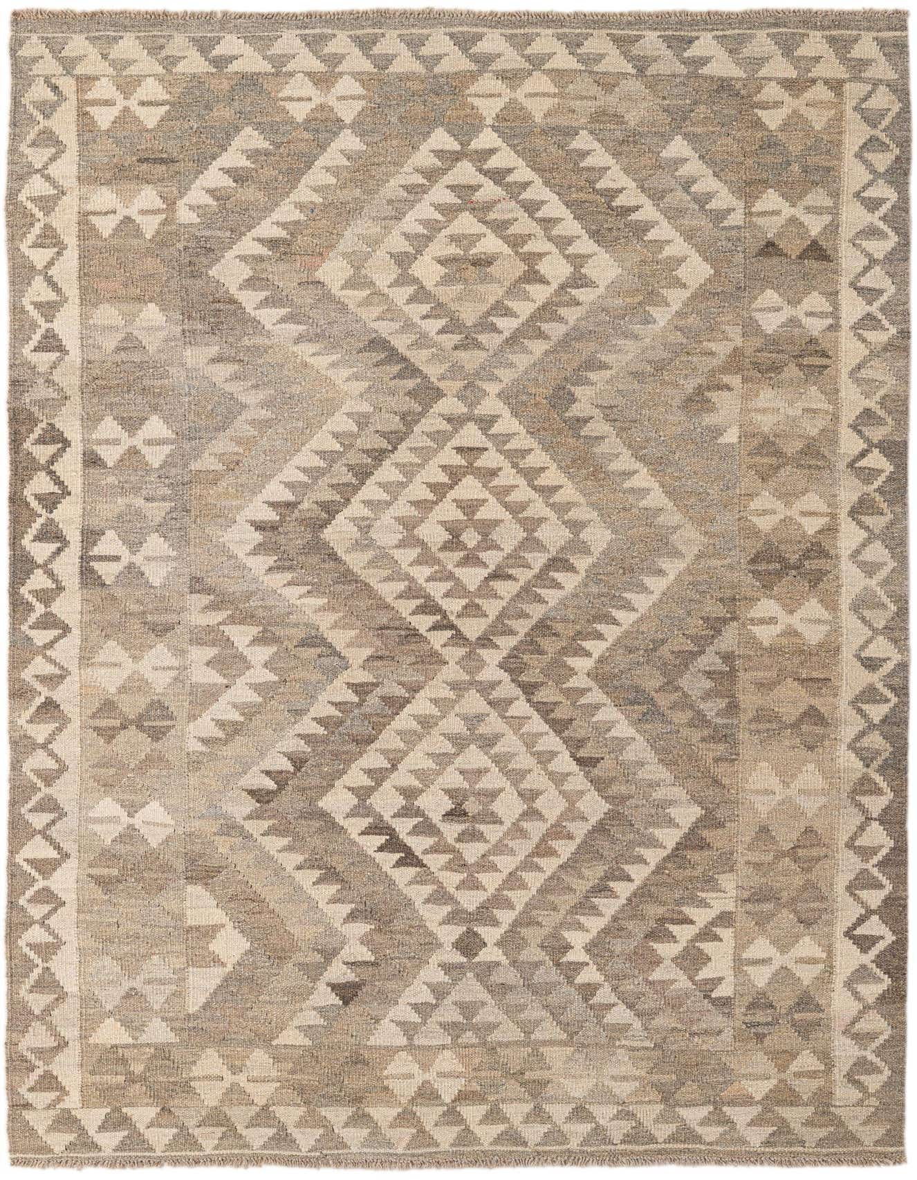 A 4x6 rectangular Kilim Maymana wool rug featuring a tribal geometric pattern in varying shades of gray and silver.