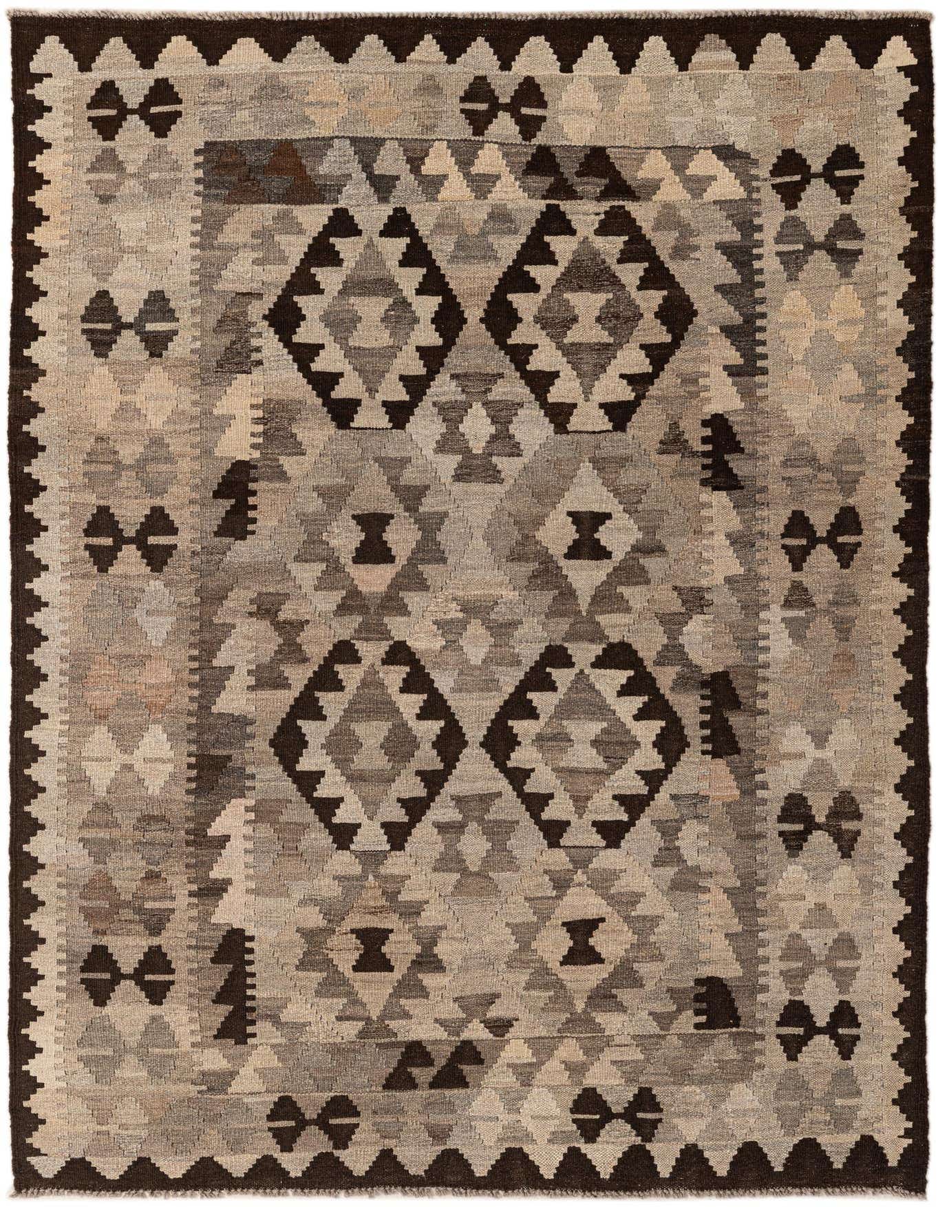 A 4x6 rectangular Kilim Maymana rug featuring a tribal geometric pattern in shades of gray, silver, and dark brown.