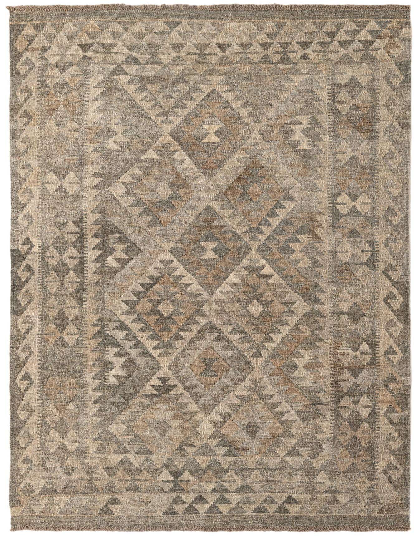 A 4x6 rectangular Kilim Maymana wool rug featuring a tribal geometric pattern in varying shades of gray and silver.