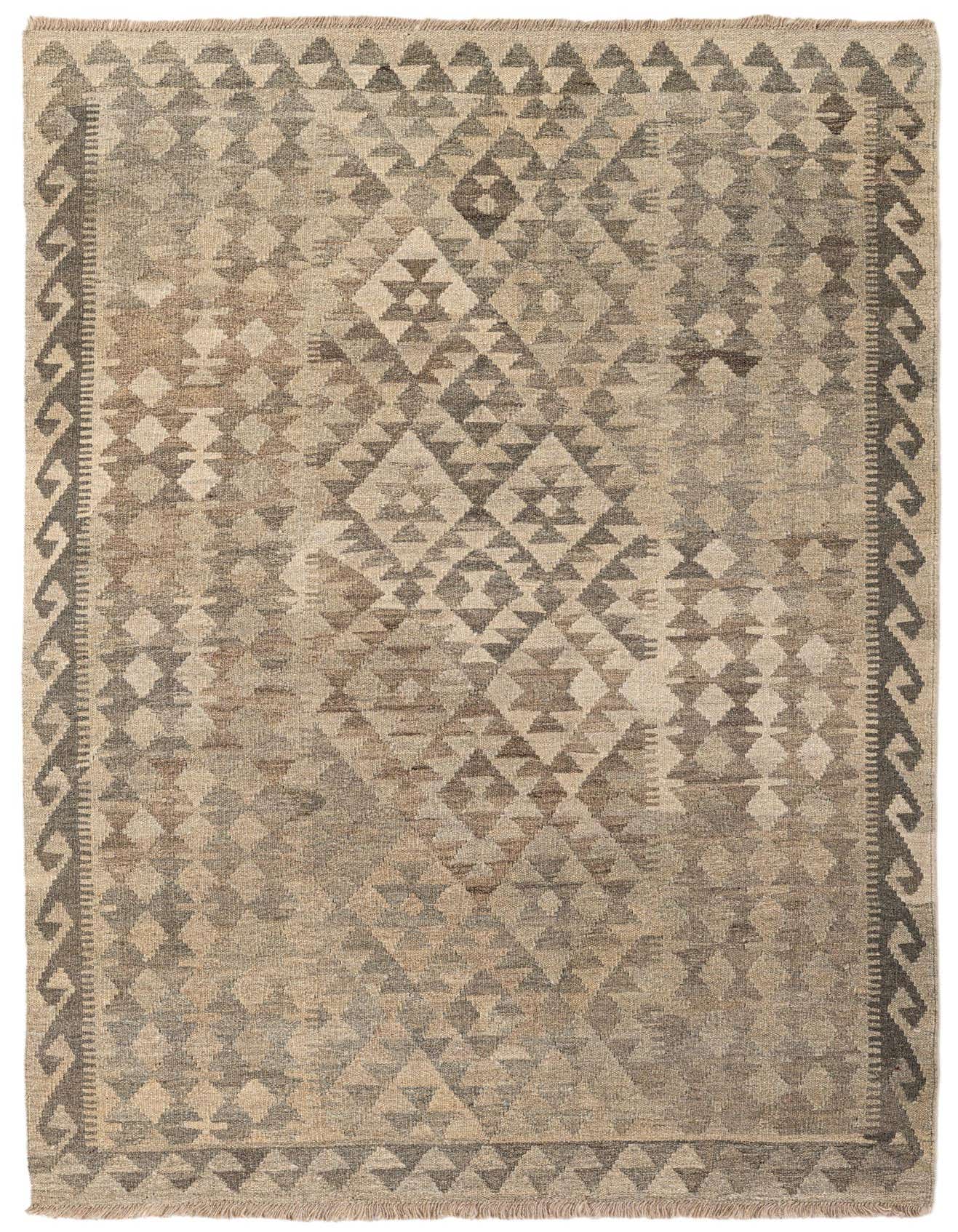 A 4x6 rectangular Kilim Maymana rug featuring a tribal geometric pattern in varying shades of gray and silver.