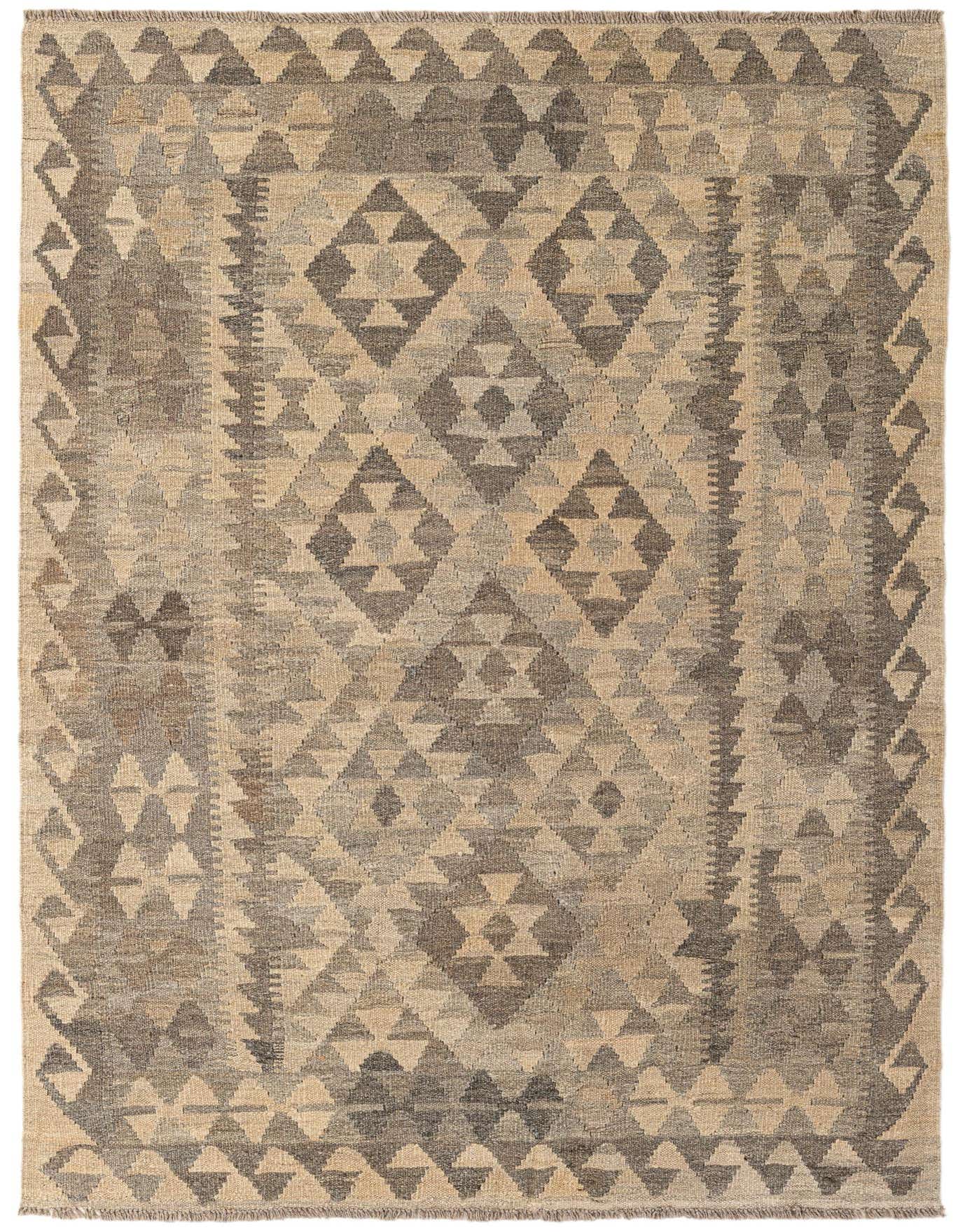 A 4x6 rectangular Kilim Maymana rug featuring a tribal geometric pattern in shades of gray and silver.