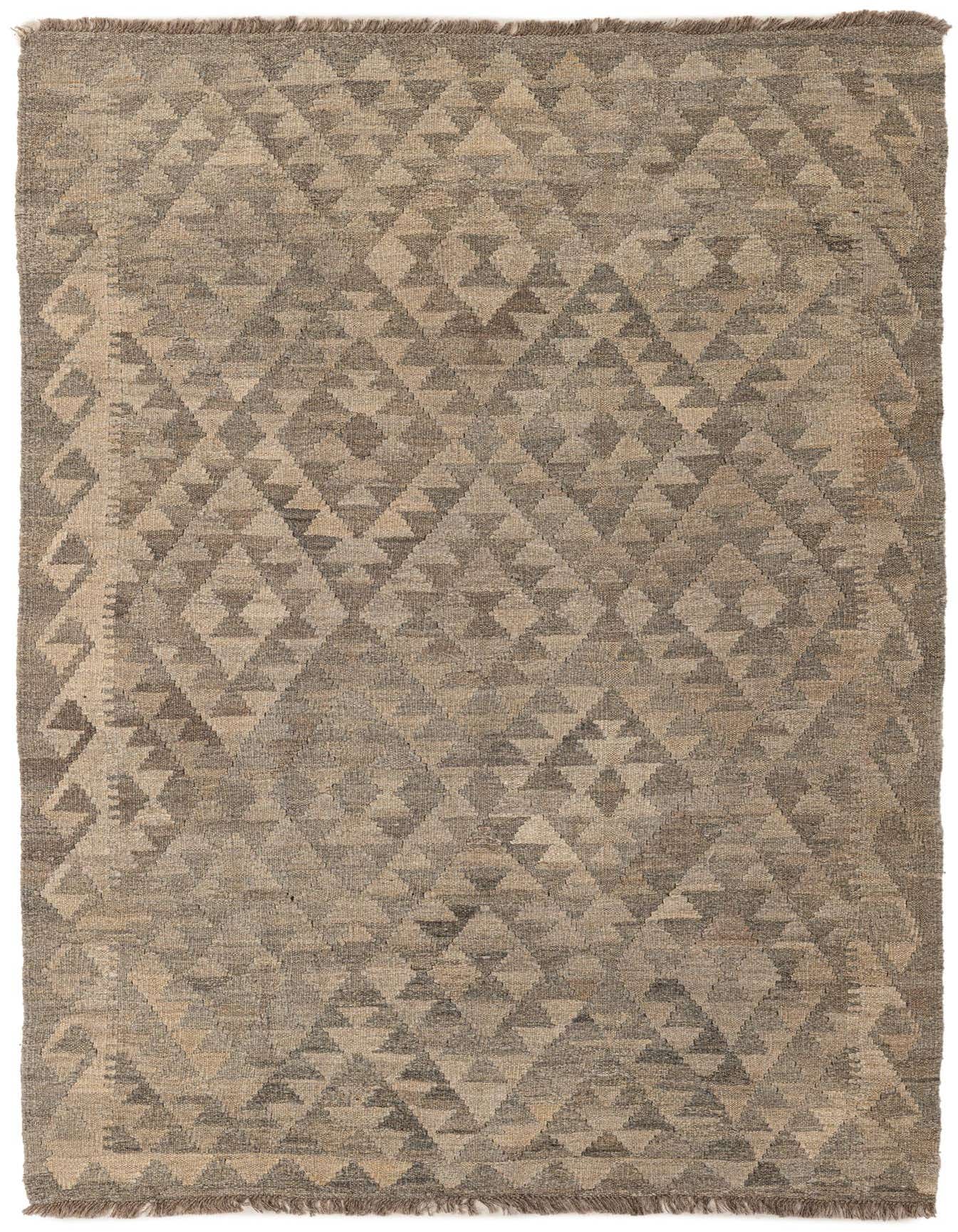 A 4x6 rectangular Kilim Maymana rug with a tribal geometric pattern in varying shades of gray, perfect for an entryway.