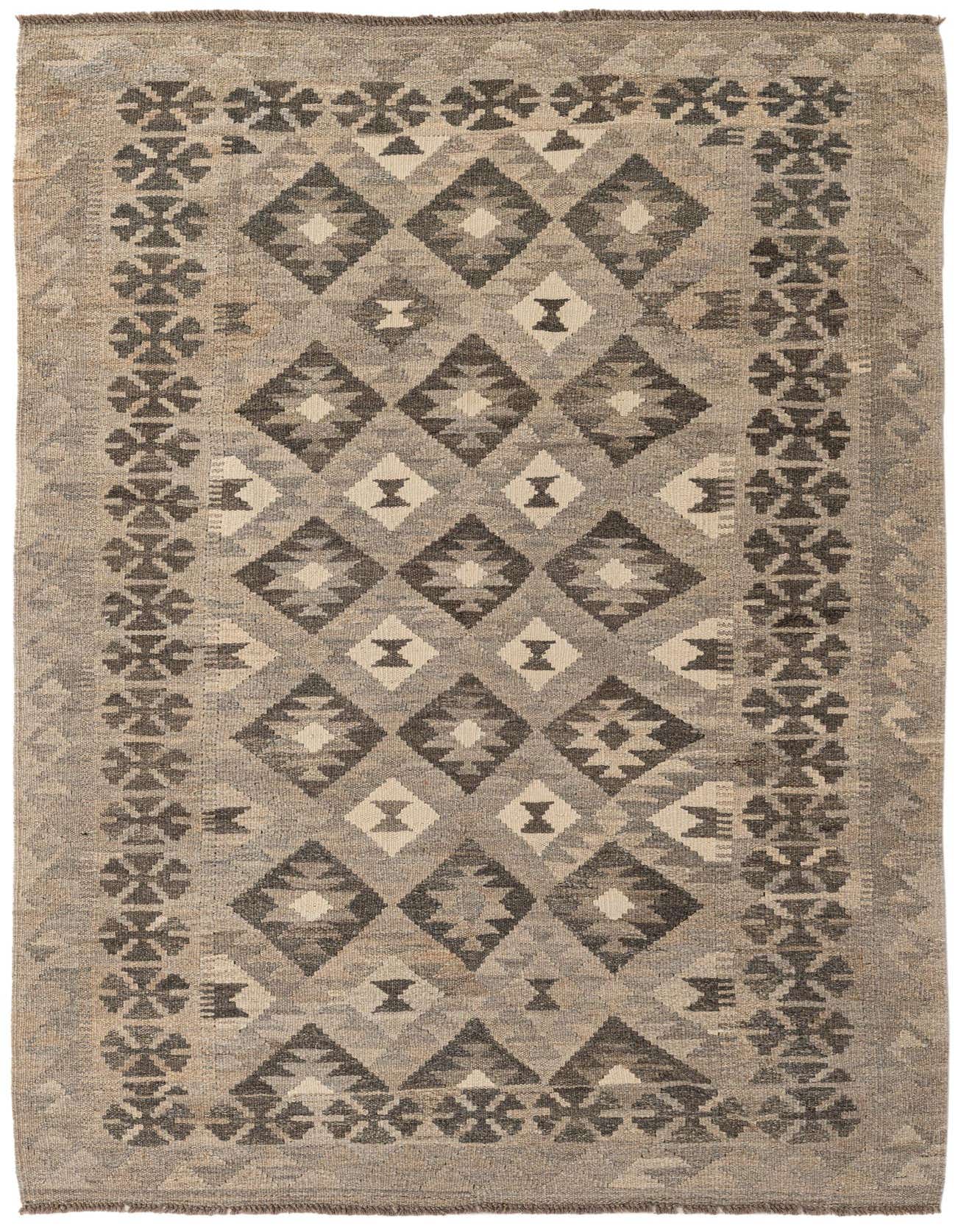 A 4x6 rectangular Kilim Maymana rug featuring a tribal geometric pattern in varying shades of gray, silver, and beige.