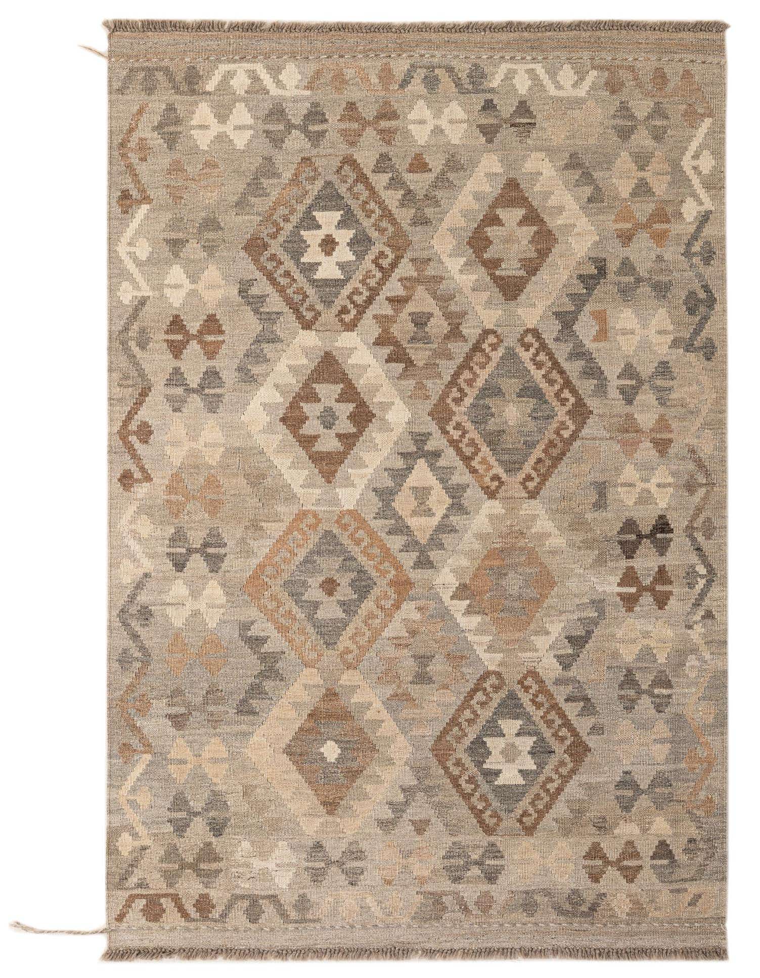 A 4x6 rectangular Kilim Maymana rug with a tribal geometric pattern in shades of gray, silver, and brown, featuring a flatweave texture.