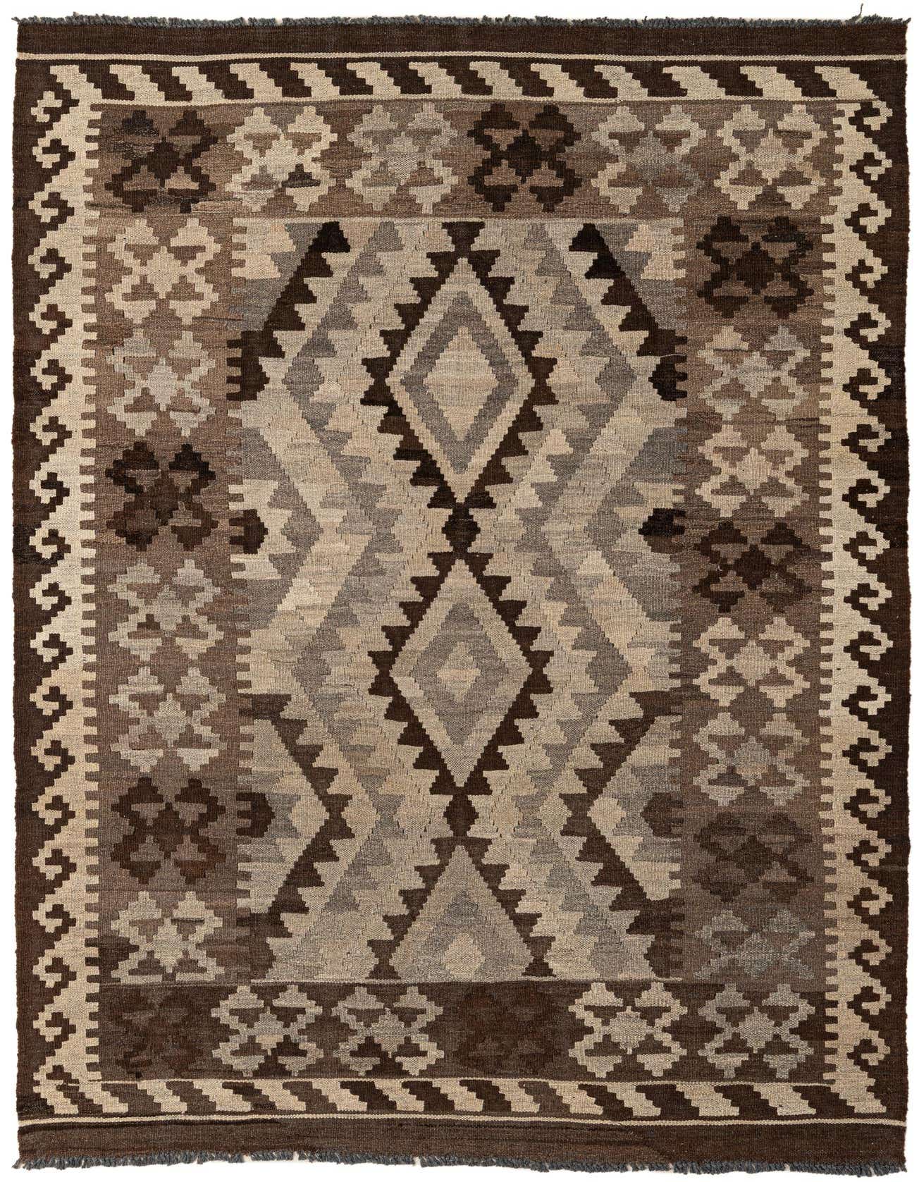 A 4x6 rectangular Kilim Maymana rug featuring a tribal geometric pattern in shades of gray, silver, and brown, suitable for a living room.