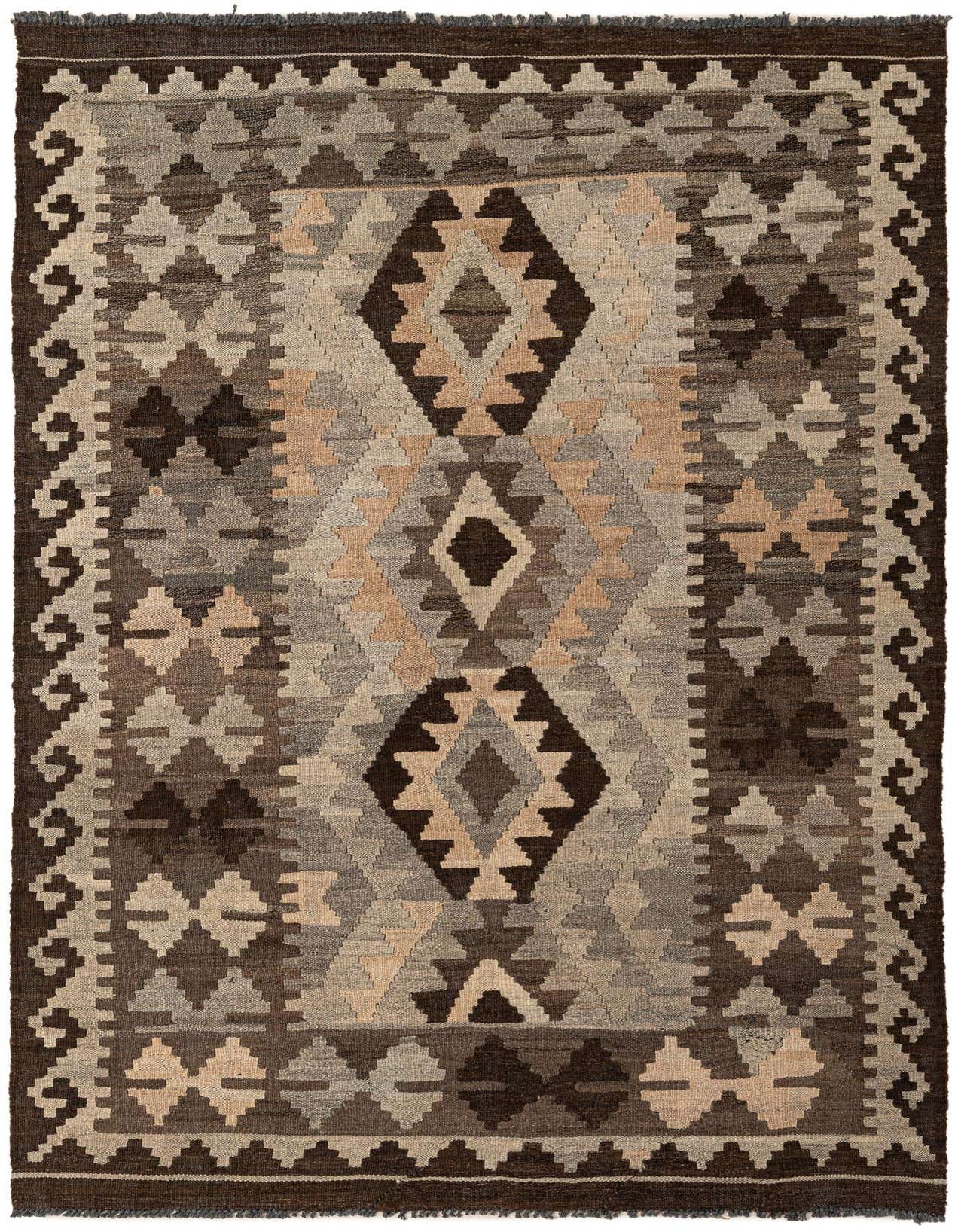 A 4x6 rectangular Kilim Maymana rug featuring a tribal geometric pattern in shades of gray, silver, and brown, with a flatweave texture.