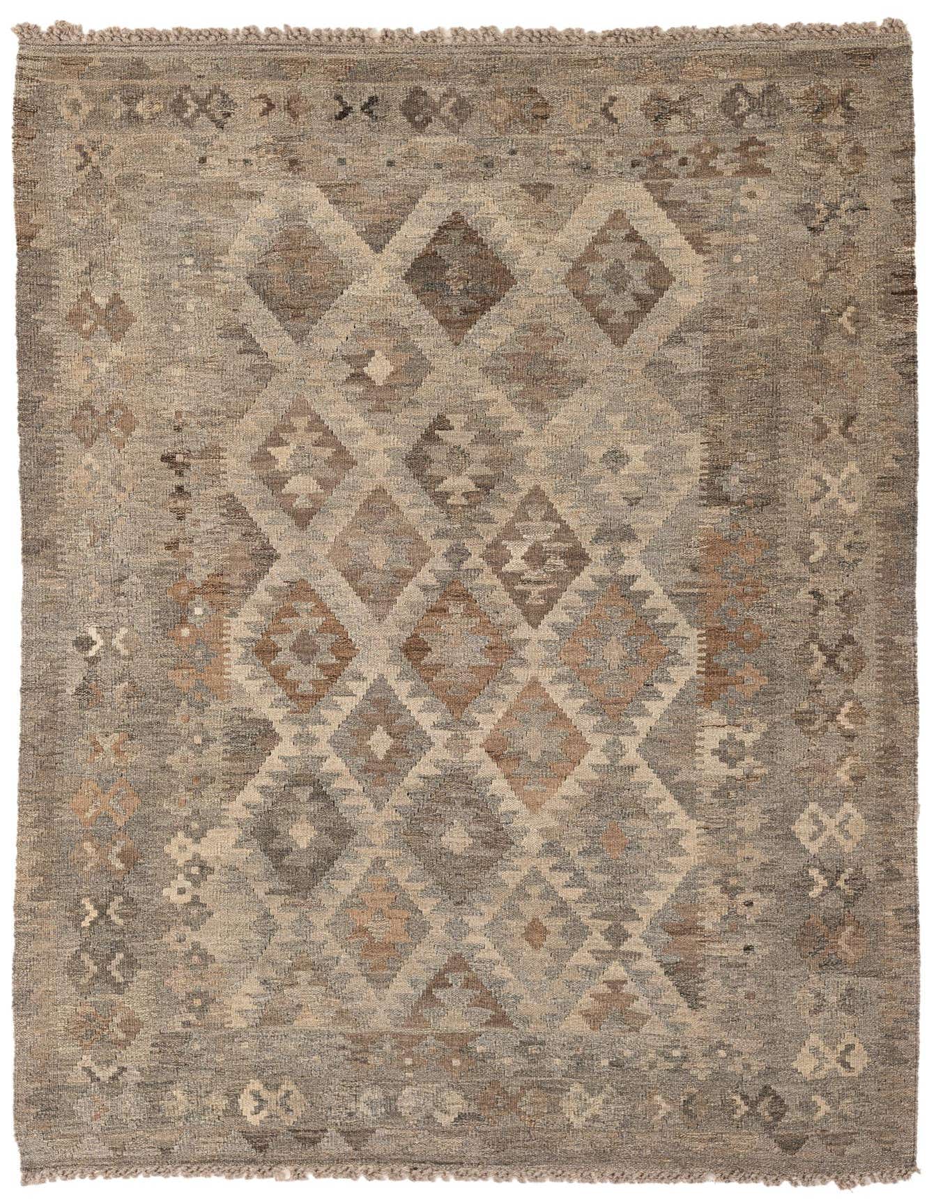 A 4x6 rectangular gray wool flatweave rug with a tribal diamond pattern in varying shades of gray, silver, and brown.