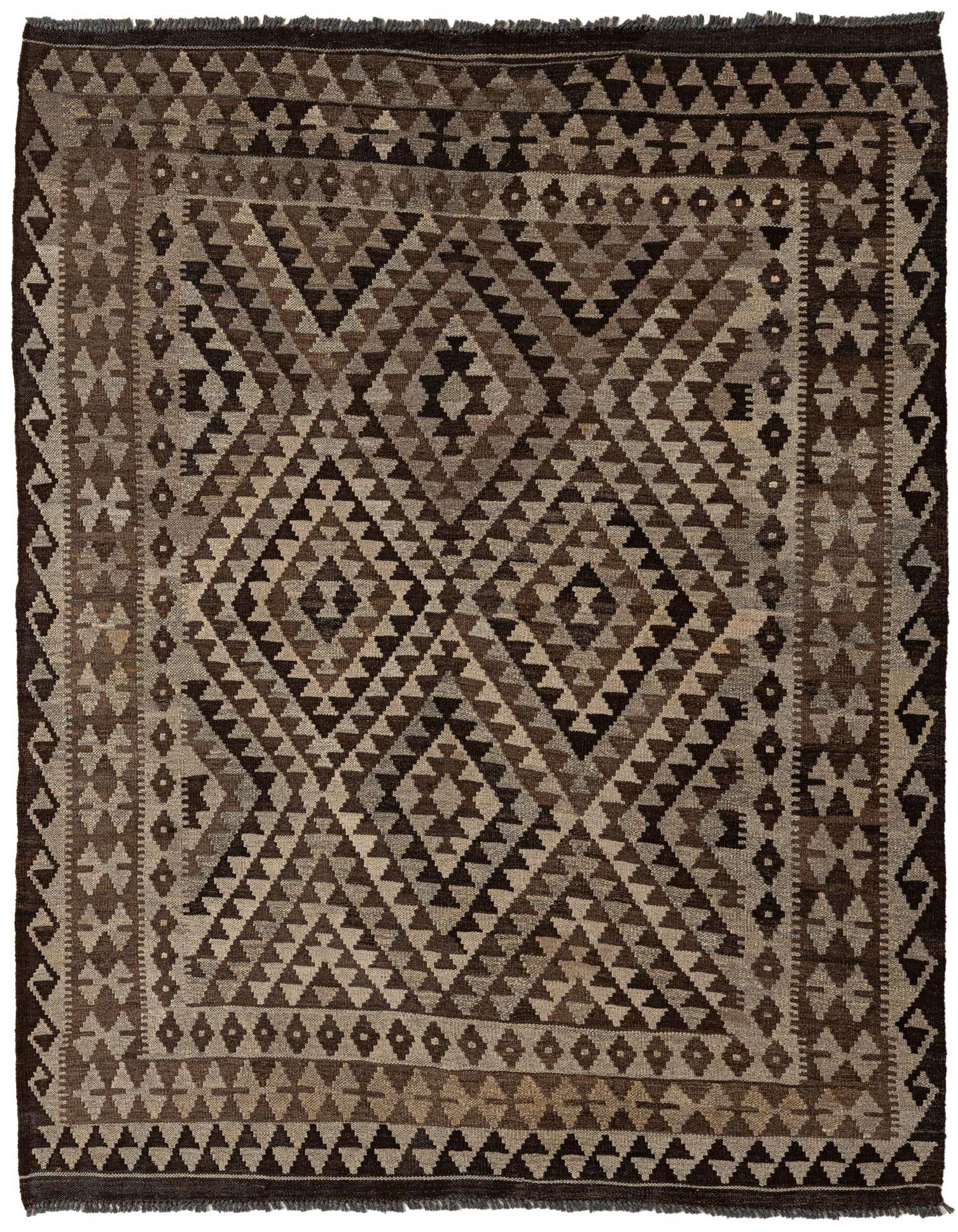 A 4x6 rectangular Kilim Maymana rug featuring a tribal geometric pattern in varying shades of gray and silver.
