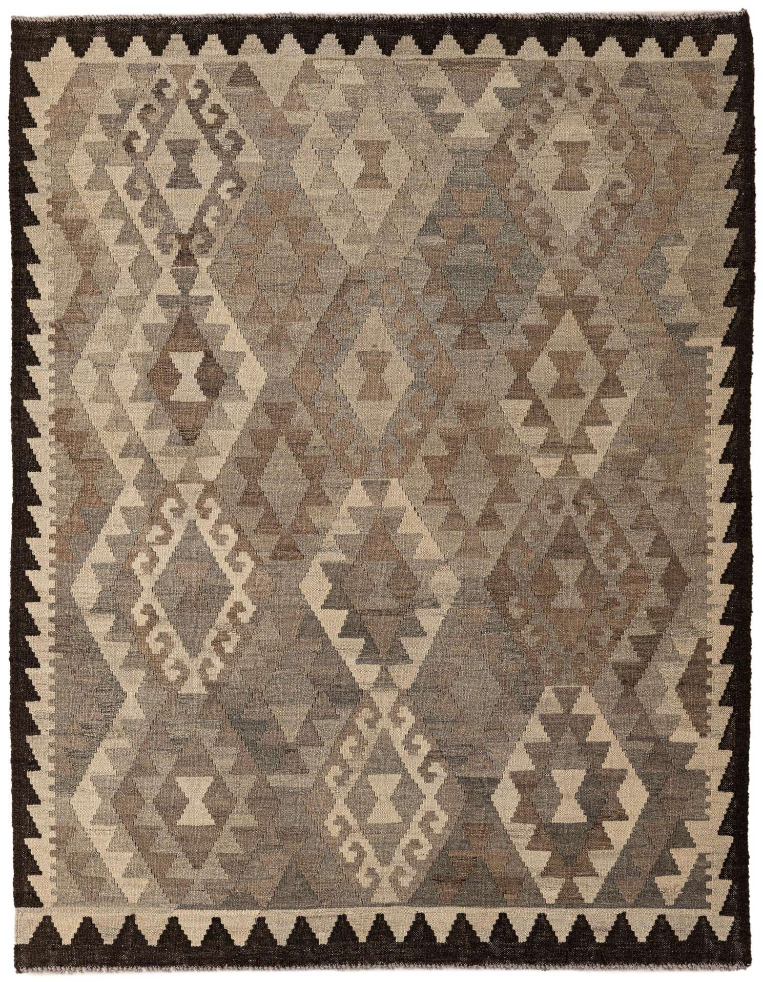 A 4x6 rectangular Kilim Maymana rug featuring a tribal geometric pattern in various shades of gray and silver with a dark border.