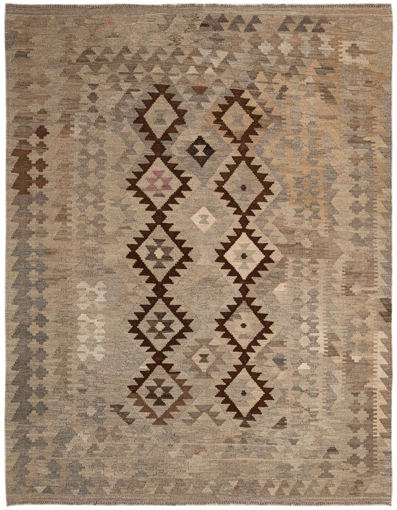 A 4x6 rectangular Kilim Maymana rug featuring a tribal diamond pattern in various shades of gray, silver, and brown, with a flatweave texture.