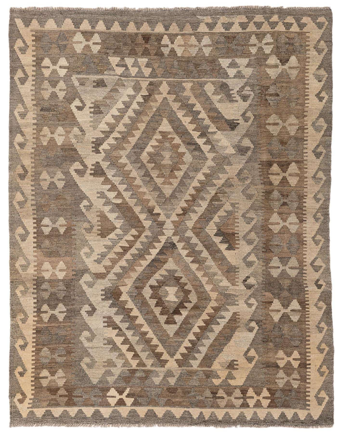 A 4x6 rectangular Kilim Maymana rug featuring a tribal geometric pattern in shades of gray and beige.