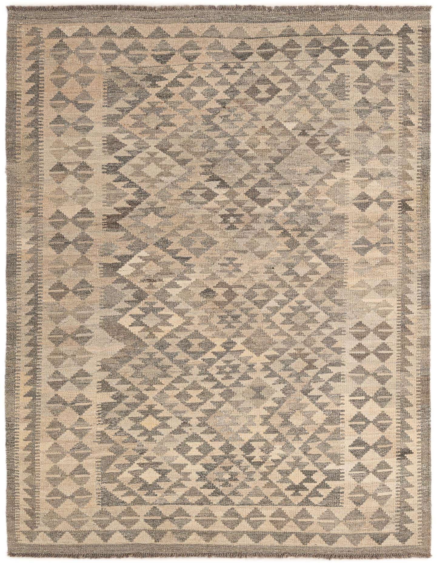 A 5x7 rectangular Kilim Maymana rug featuring a tribal geometric pattern in varying shades of gray and silver on a natural background, with a flatweave texture.