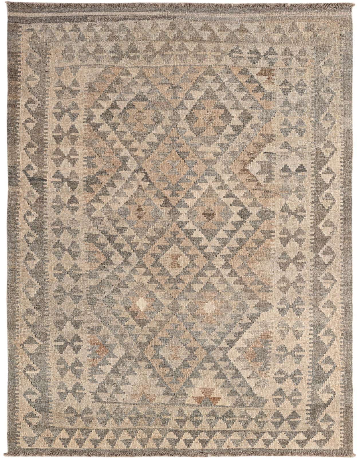 A 5x7 rectangular Kilim Maymana rug featuring a tribal geometric pattern in shades of gray, silver, and natural beige.